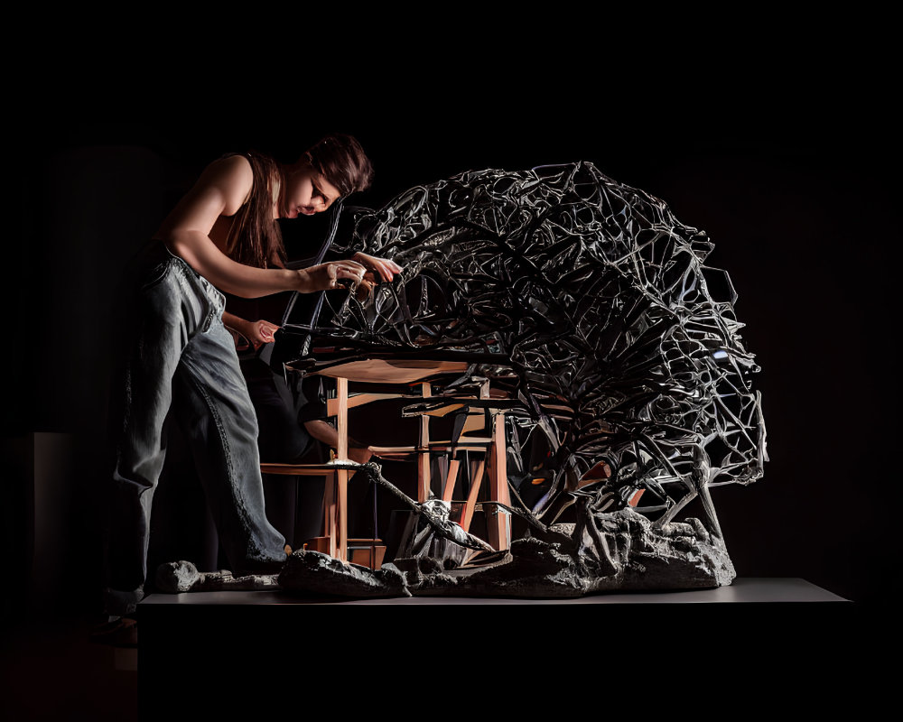 Intricate metal and wood sculpture assembly on dark background