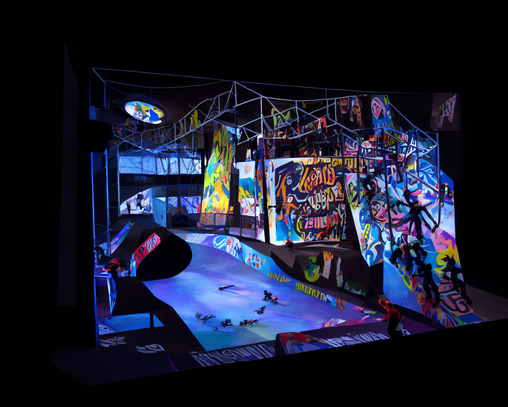 Colorful Indoor Skatepark with Graffiti Artwork and Atmospheric Lighting