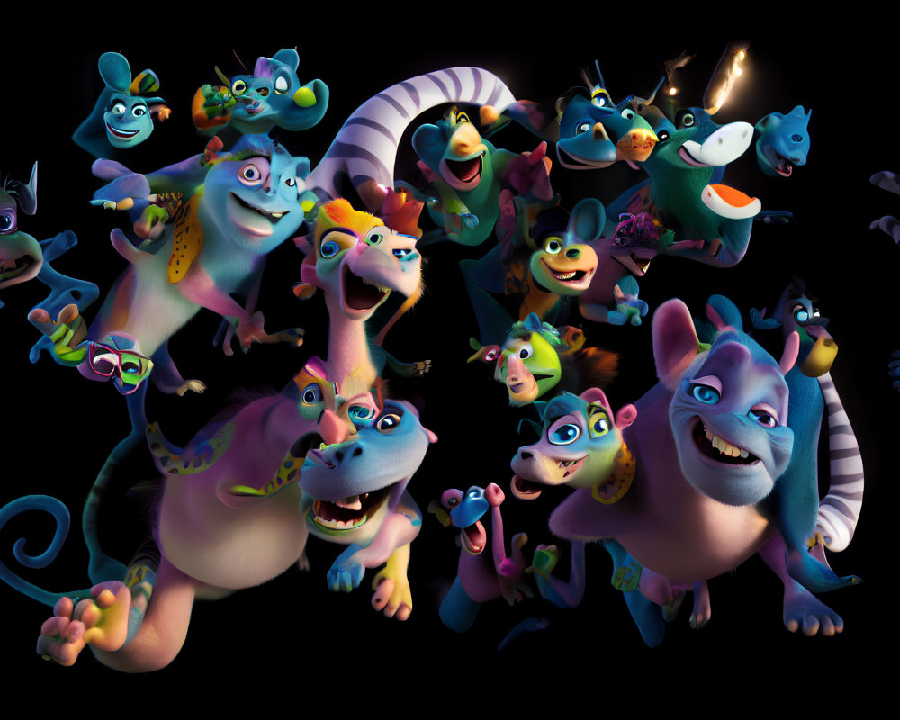 Vibrant animated monsters in various sizes and shapes on black background