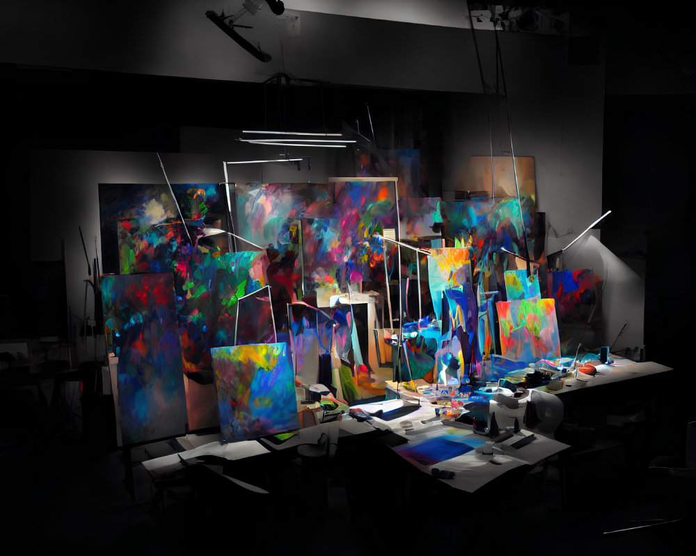 Vivid Abstract Paintings in Colorful Art Studio