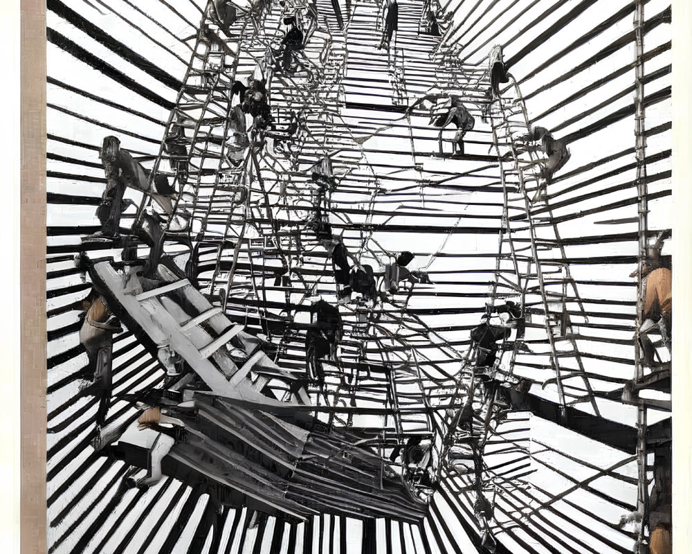 Monochrome optical illusion art with people and geometric ferris wheel.