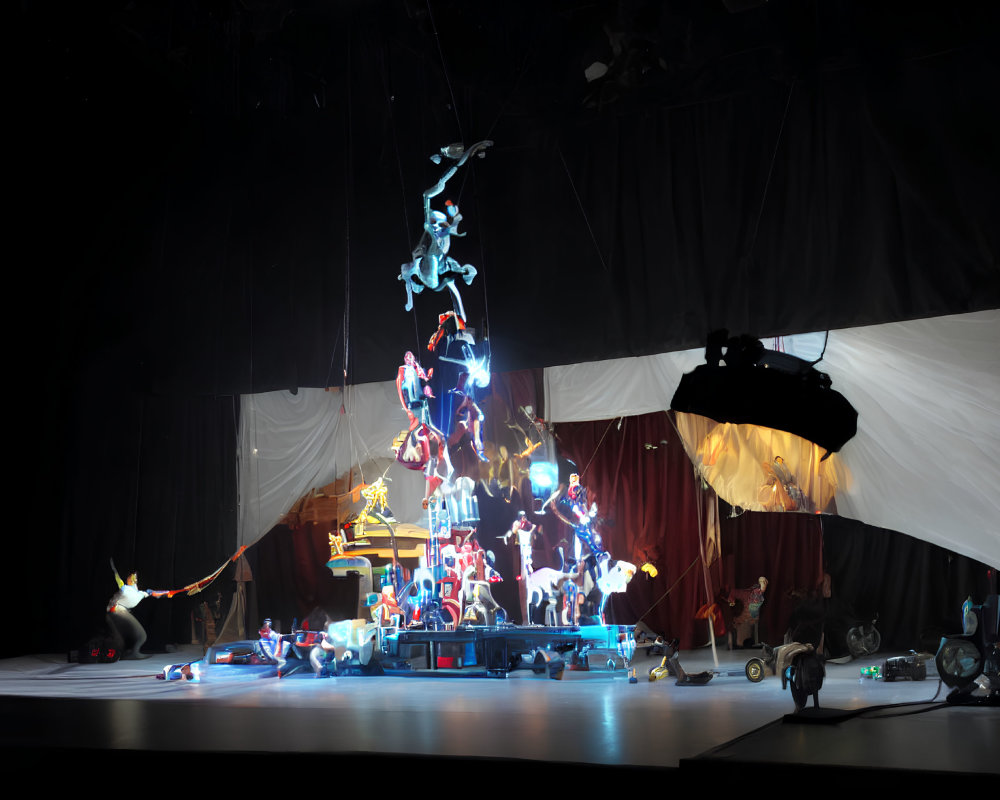 Vibrant theatrical stage with acrobatic performers in mid-air