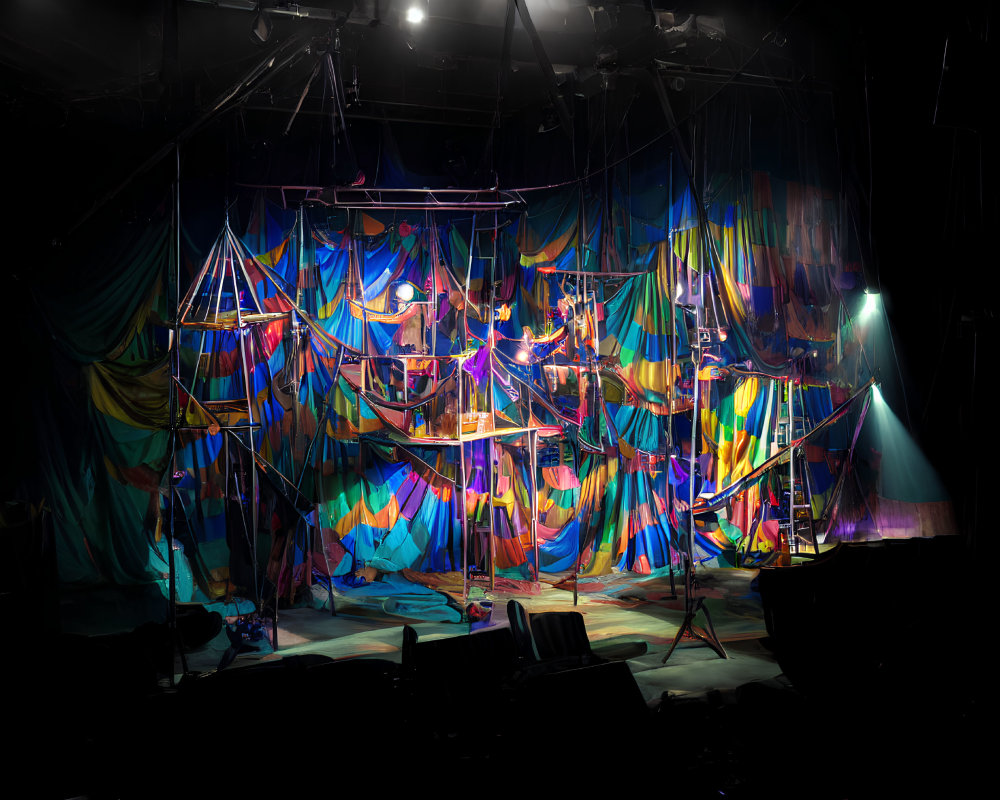 Colorful abstract backdrop designs on theatrical stage set with scaffolding and dynamic lighting