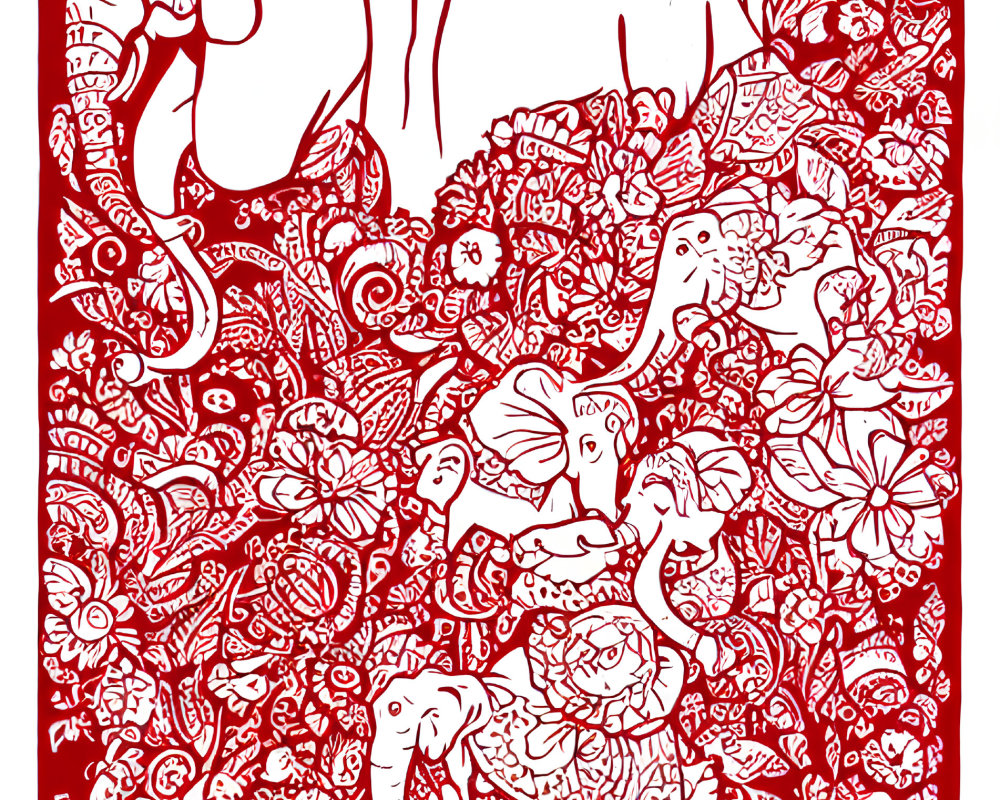 Detailed Red and White Elephant Illustration with Birds and Floral Patterns