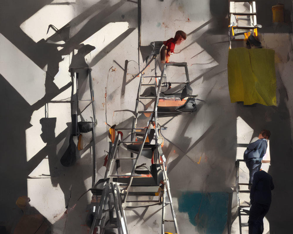 Three people on ladders with tools in a sunlit room casting long shadows.