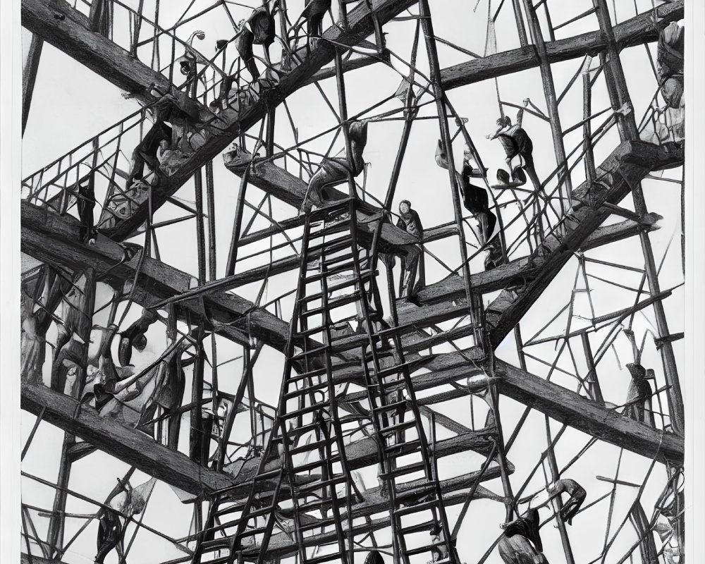 Busy scene of workers on intricate scaffolding