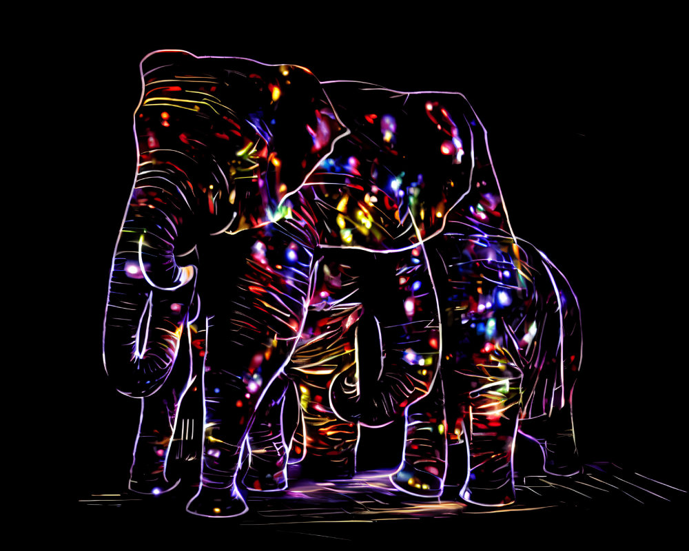 Vibrant neon-lit digital art of an elephant on black background