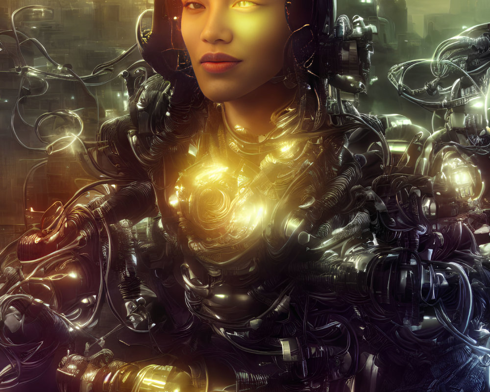 Female Cyborg with Glowing Elements and Advanced Armor in Futuristic Cityscape