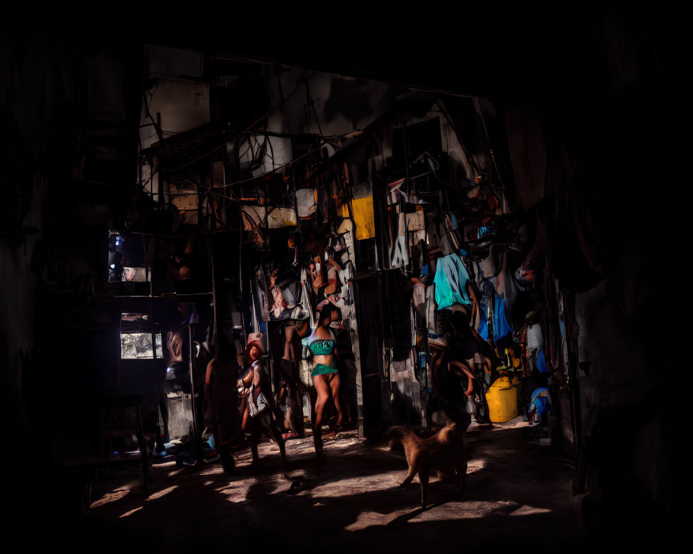 Scene of dimly-lit room with child, person, and dog.