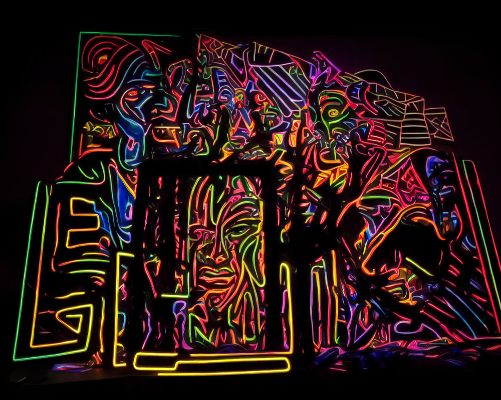 Abstract Neon Light Installation with Chaotic Lines on Dark Background