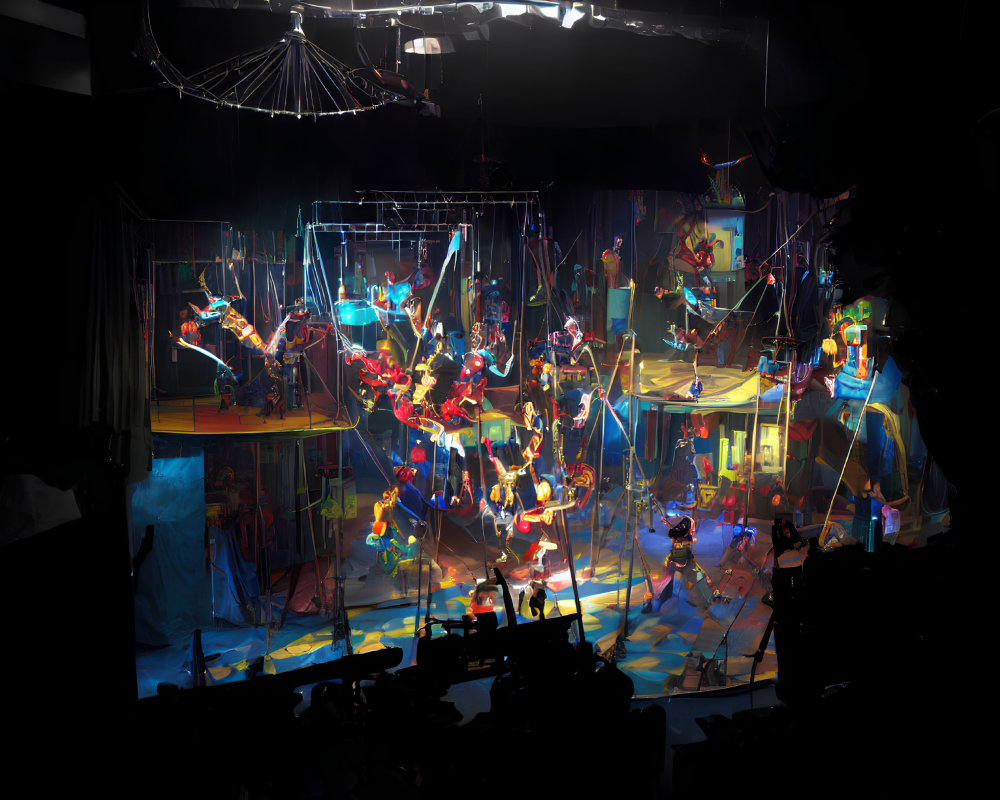 Dynamic circus scene with trapeze and tightrope performers under dramatic lighting