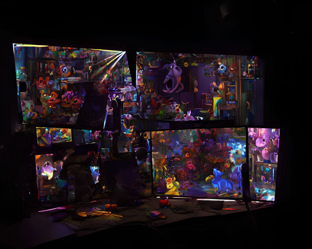 Colorful Animated Characters Illuminate Dark Room with Toys