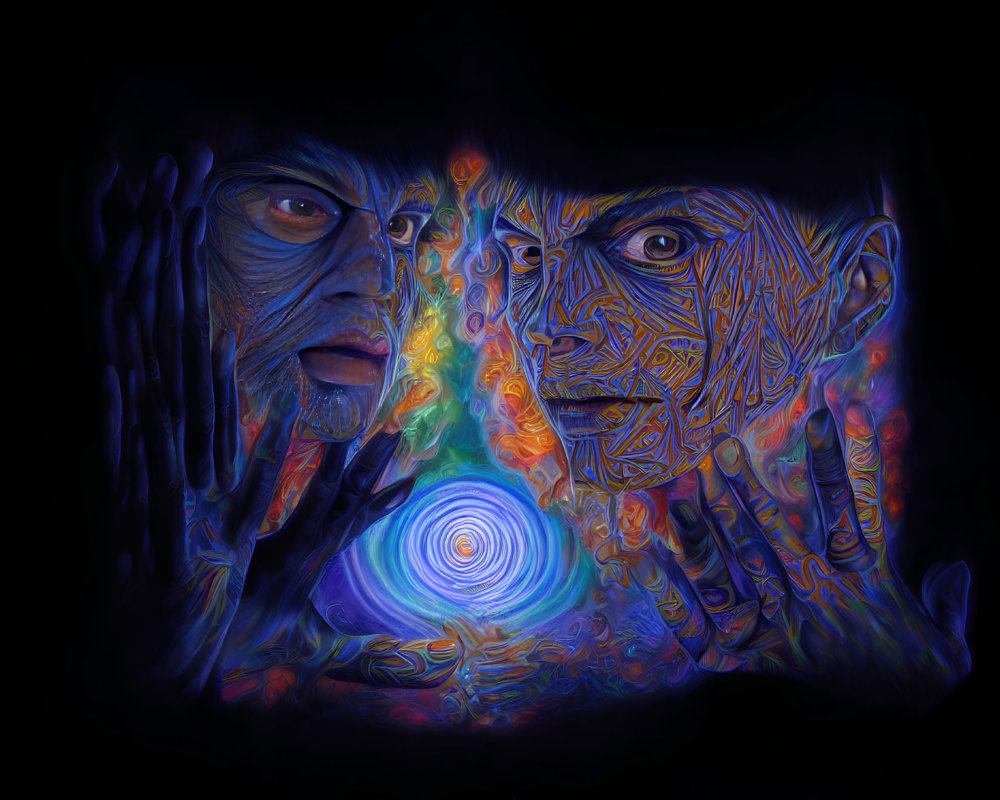 Colorful digital artwork: Two distorted faces with swirling patterns and hands on dark background