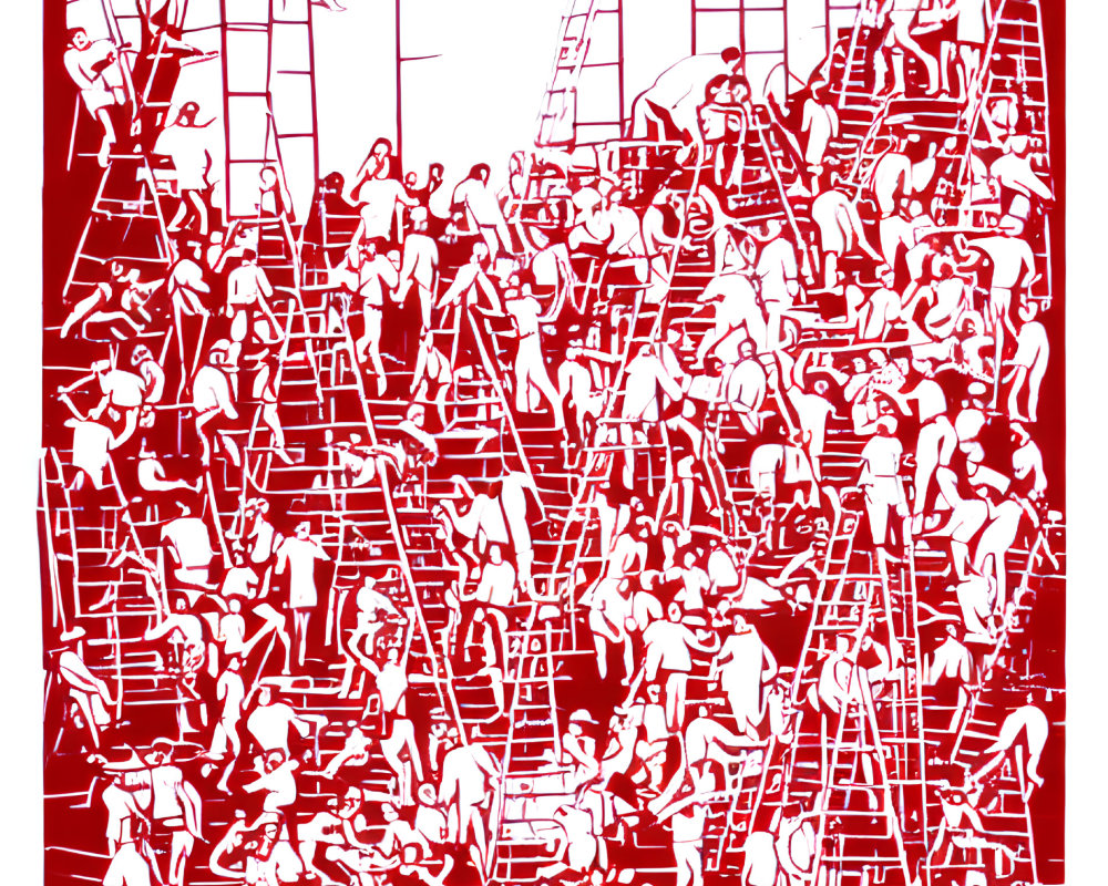 Red Monochromatic Illustration of People Climbing Ladders in Chaos and Progress