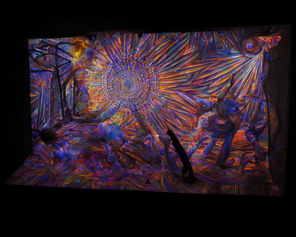 Colorful Psychedelic Room with Abstract Art Installation and Blending Figures