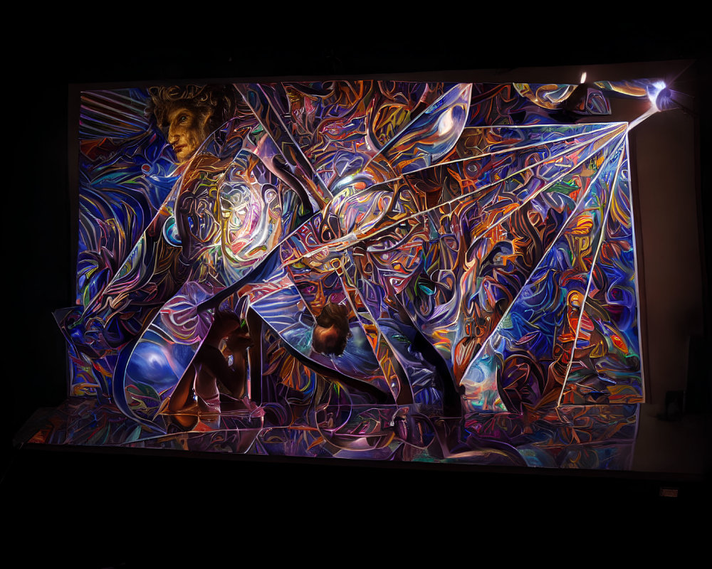 Colorful abstract mural with dynamic shapes and figures on dark background