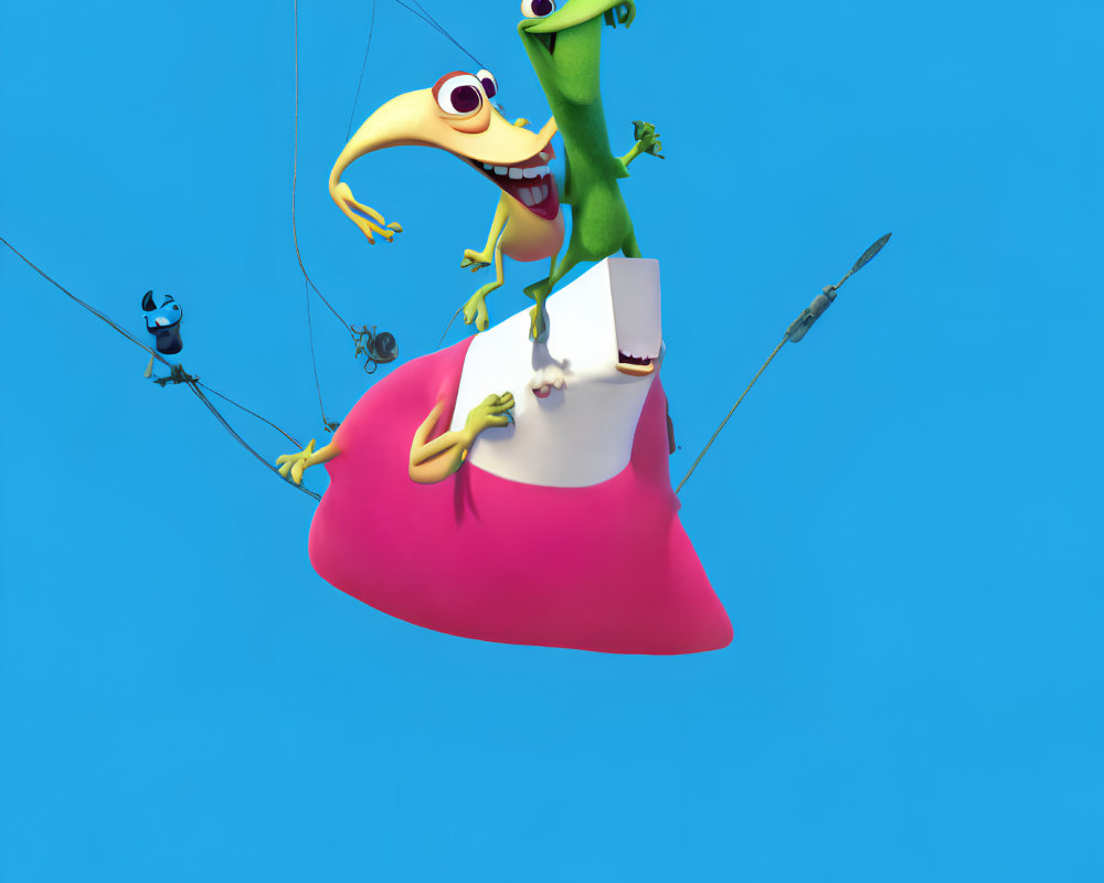 Green chameleons fishing on pink mushroom under blue sky