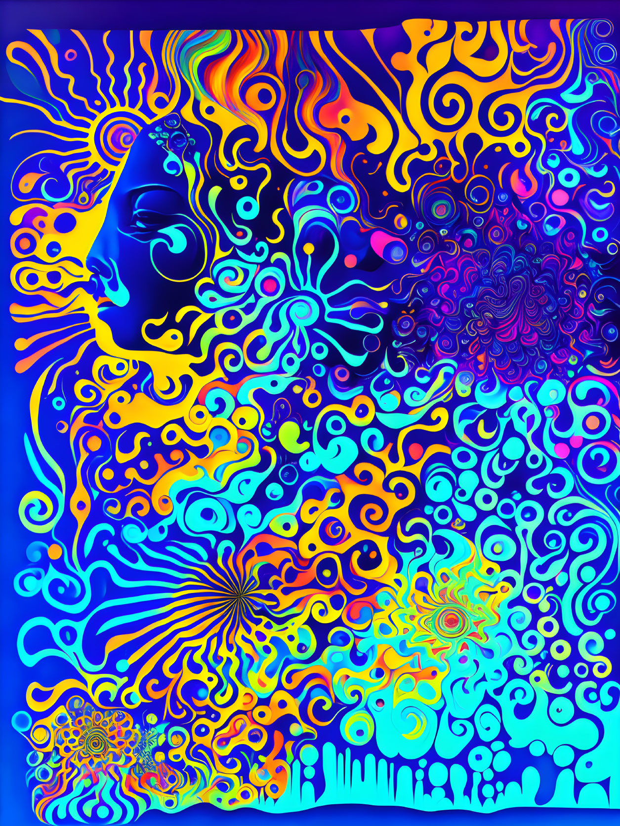 Colorful Psychedelic Art: Blue Face Profile with Swirling Patterns