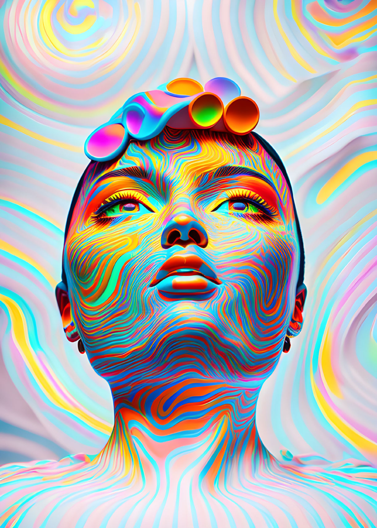 Colorful Psychedelic Swirl Pattern Portrait with Shaved Head