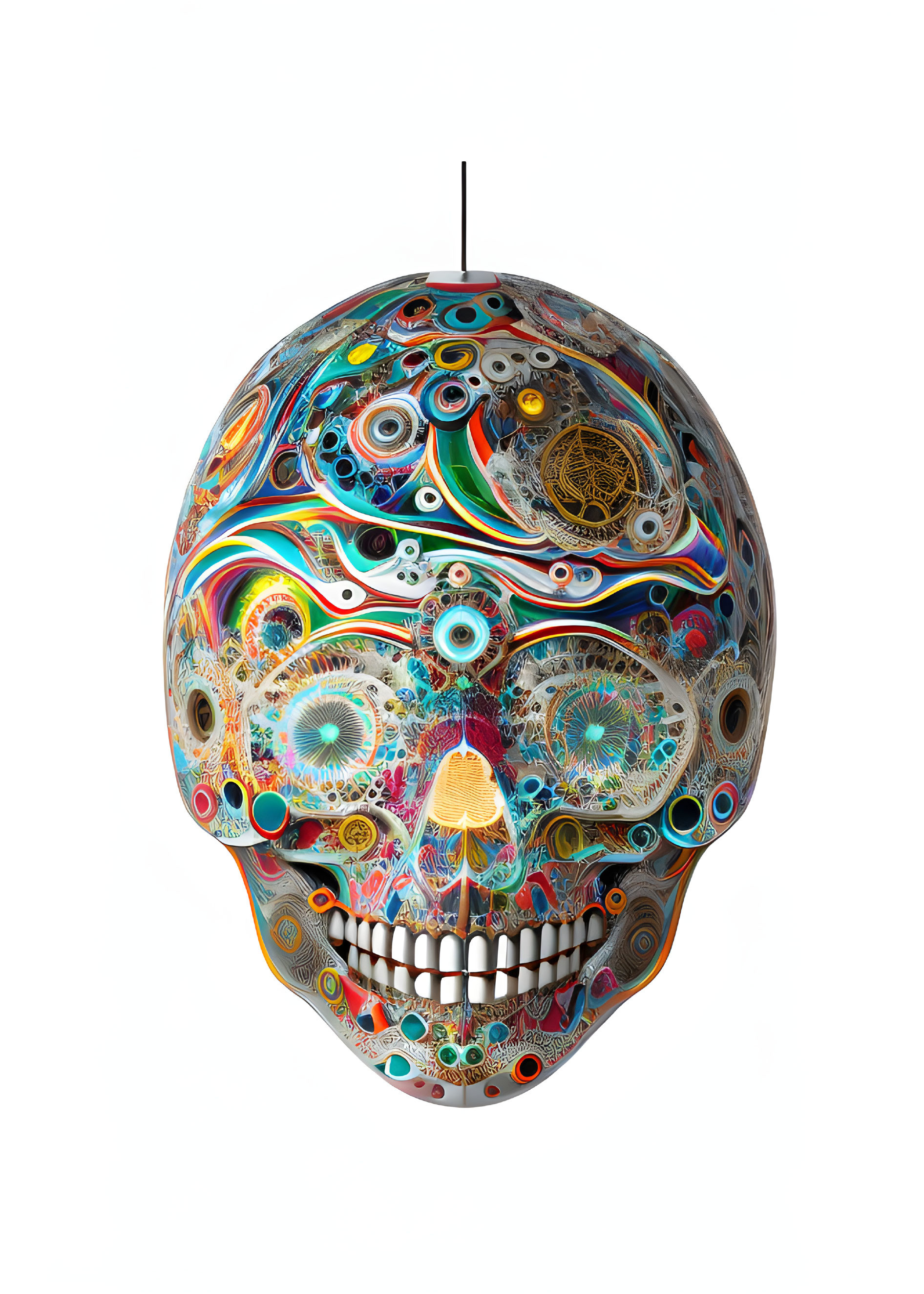 Colorful Skull with Eye Motifs and Mechanical Elements on White Background