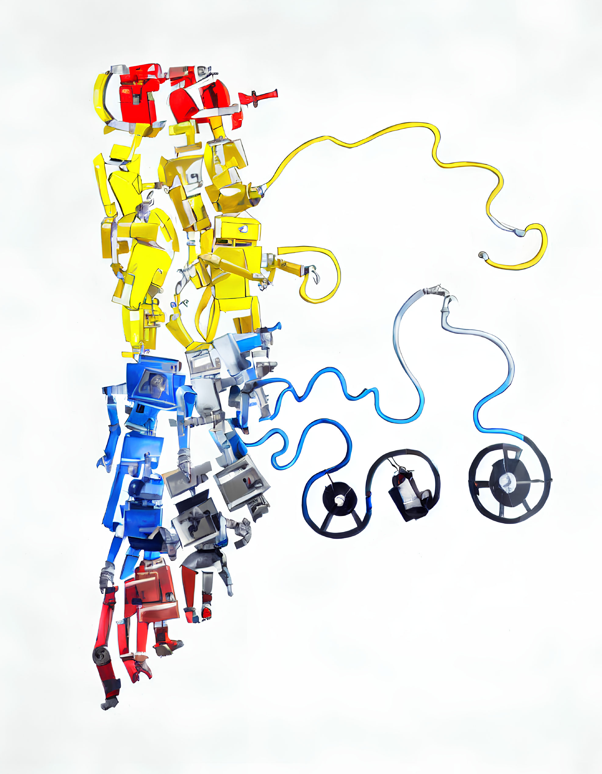 Assorted Toy Robots with Hoses and Cables on White Background