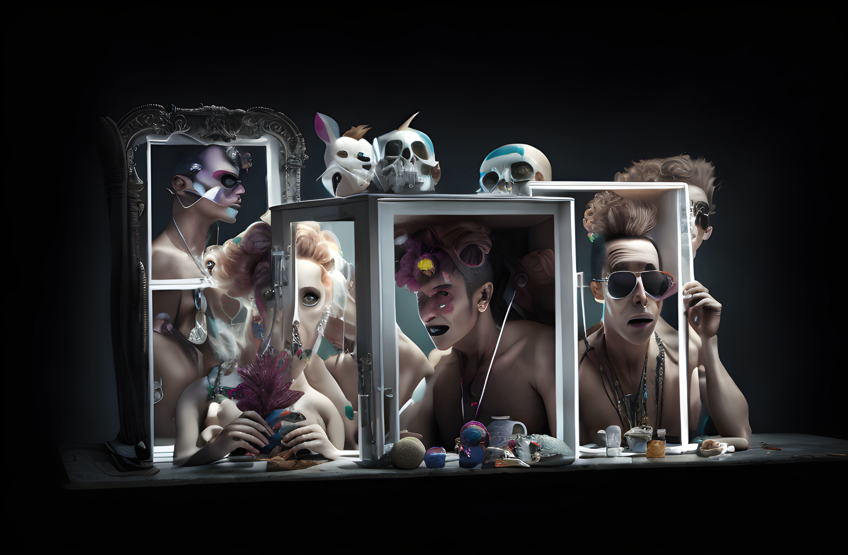 Surreal Artwork: Individuals with Expressions and Skull Masks in Illuminated Frames