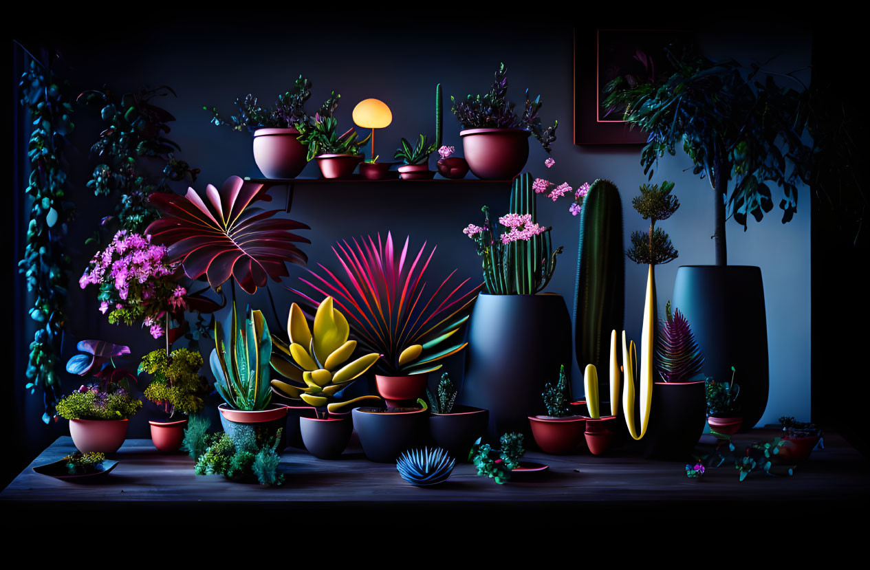 Potted plants and cacti on shelves with mood lighting in dark room