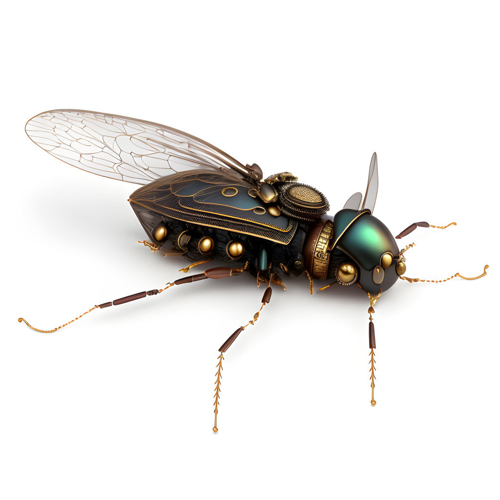 Intricate metallic steampunk mechanical fly on white background