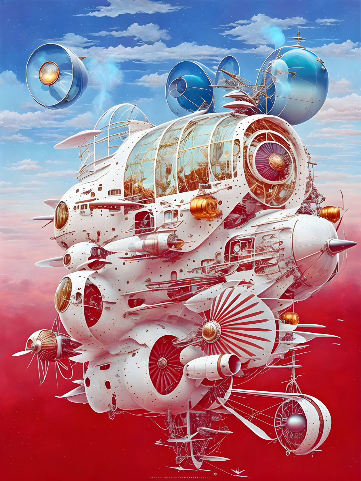 Steampunk-inspired flying machine with spherical compartments and propellers in serene sky