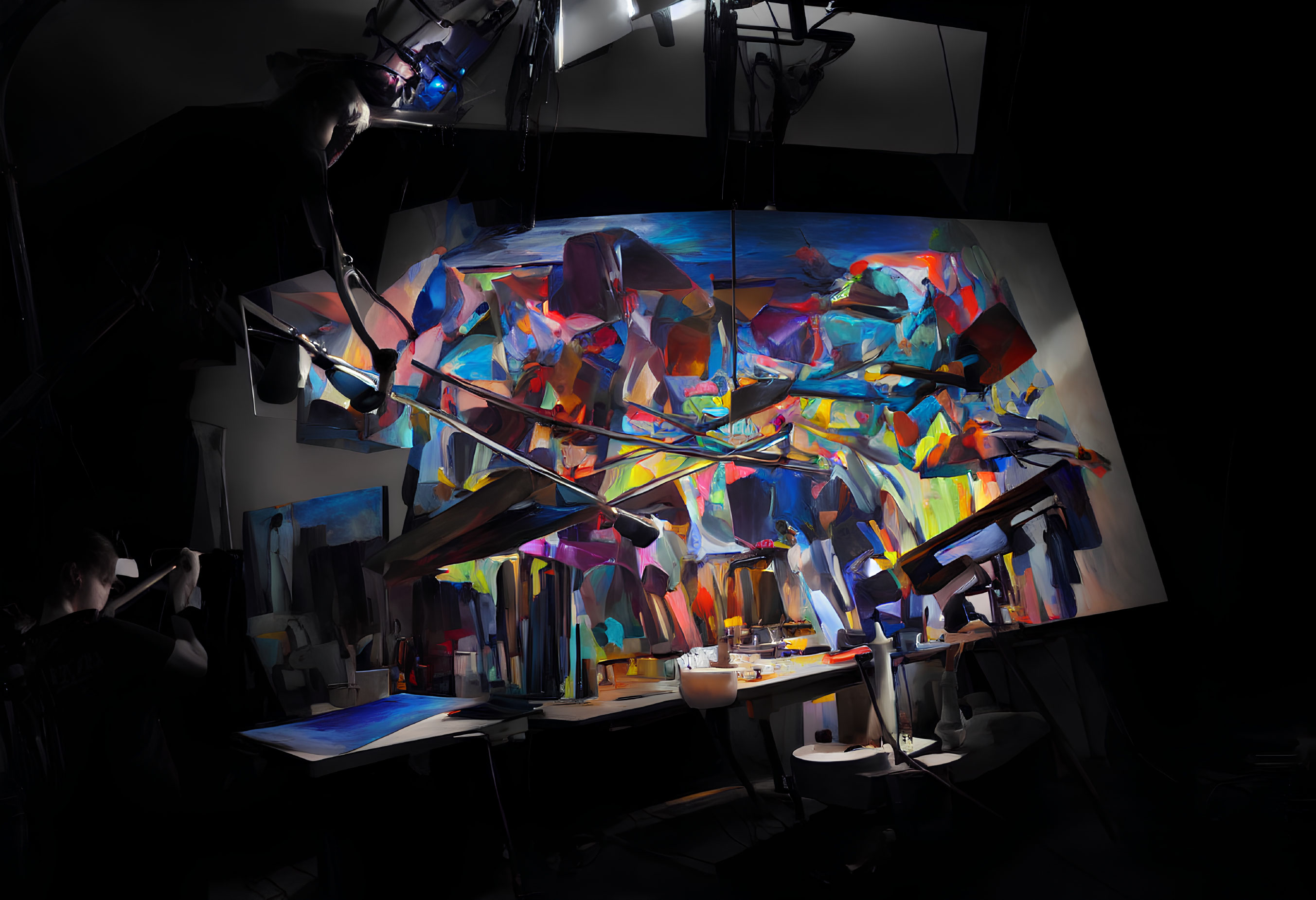 Colorful abstract canvas painted in dimly lit studio with observer.