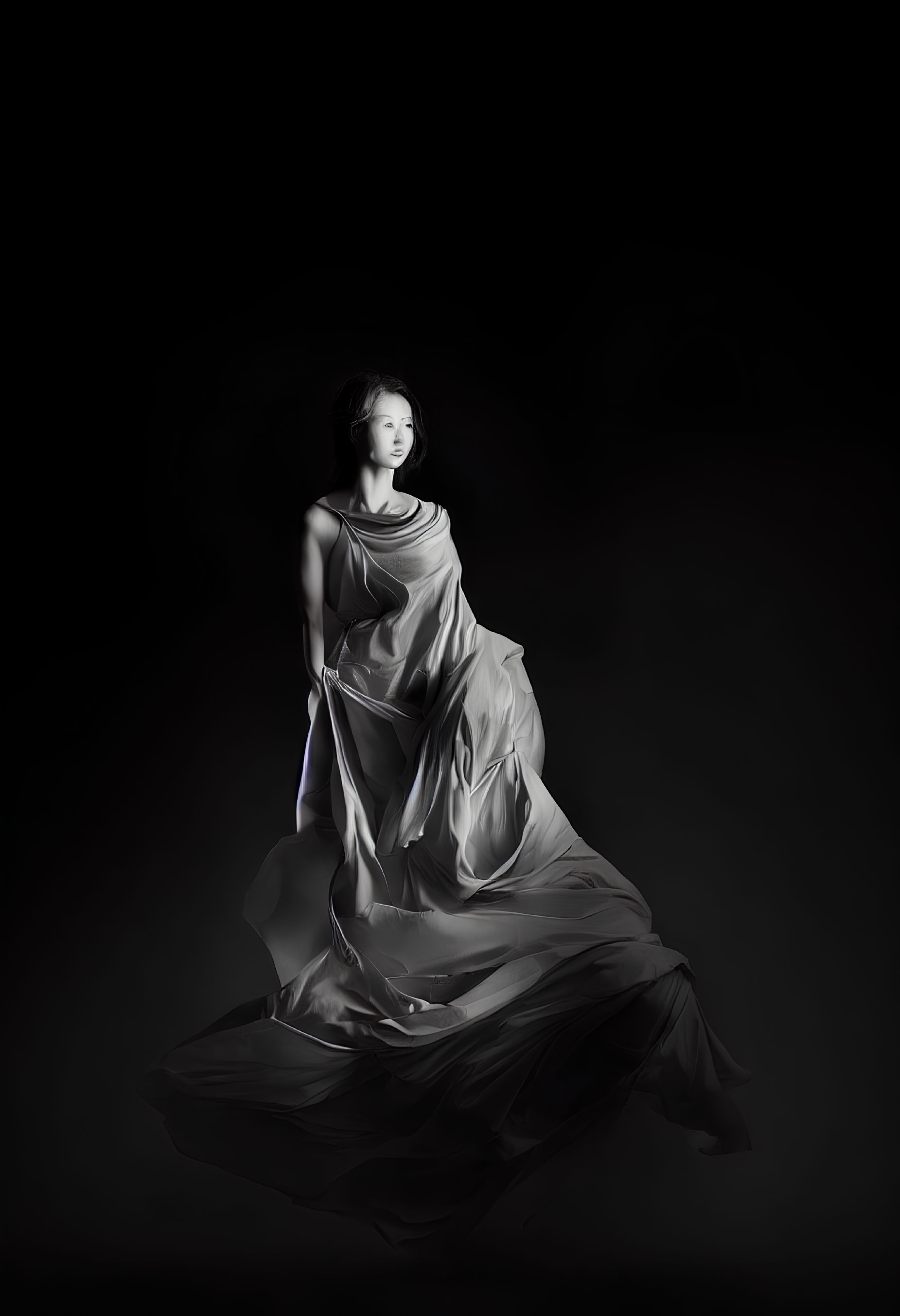 Elegant woman in flowing fabric against dark background