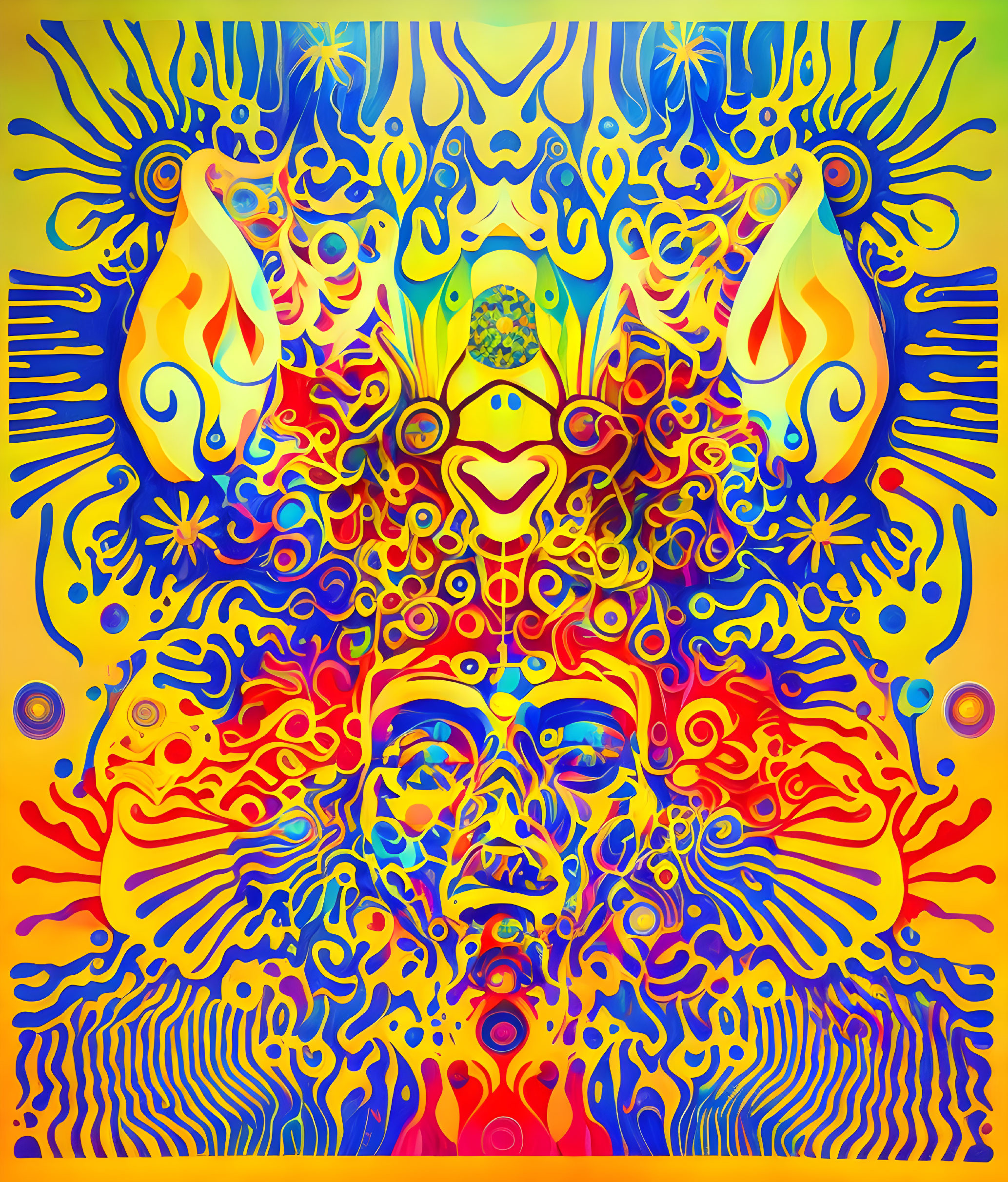 Colorful Symmetrical Abstract Art with Psychedelic Facial Features