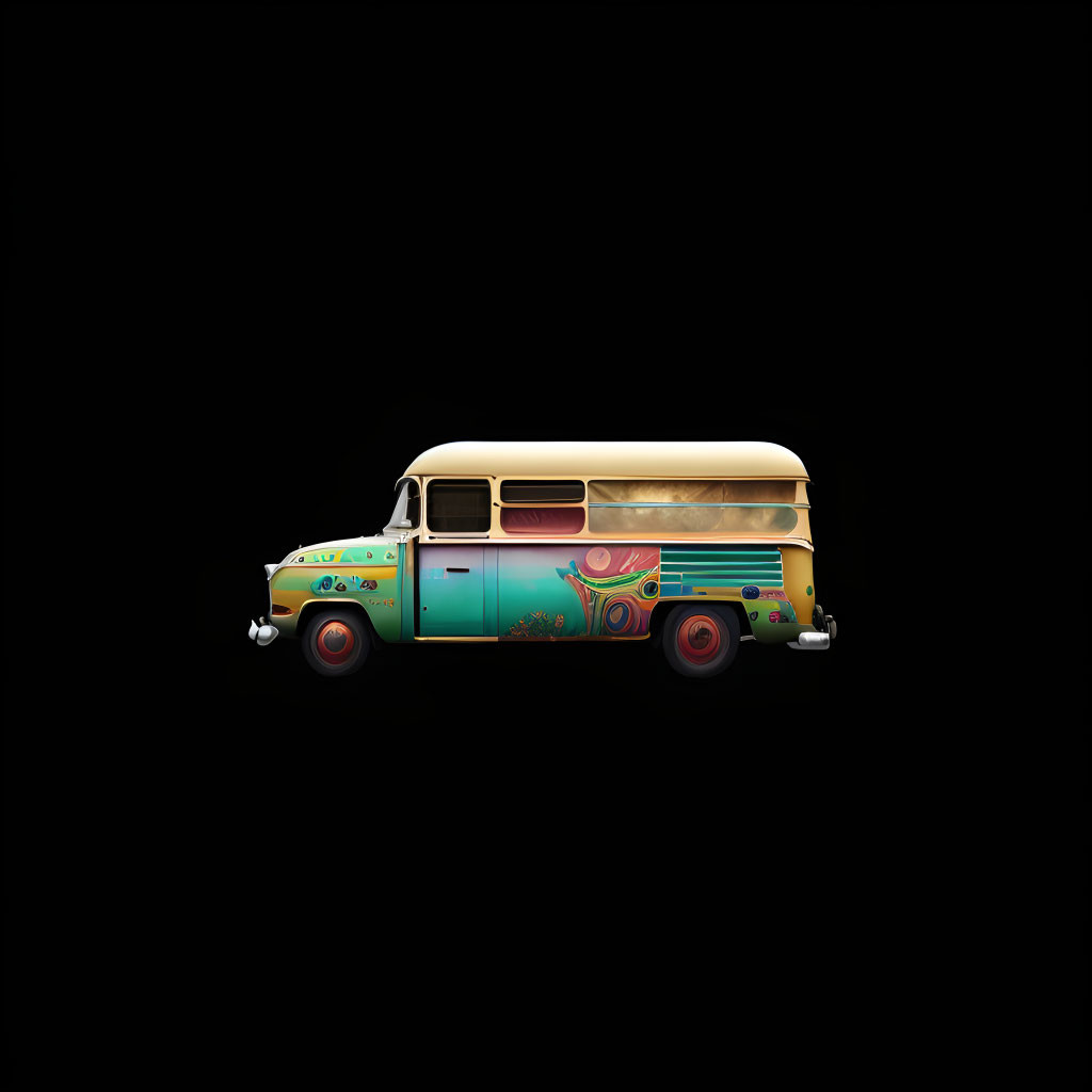 Colorful vintage van with artistic designs on black background