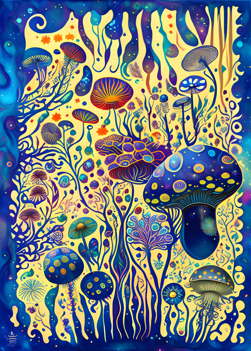 Colorful psychedelic mushrooms and plants on dark blue background