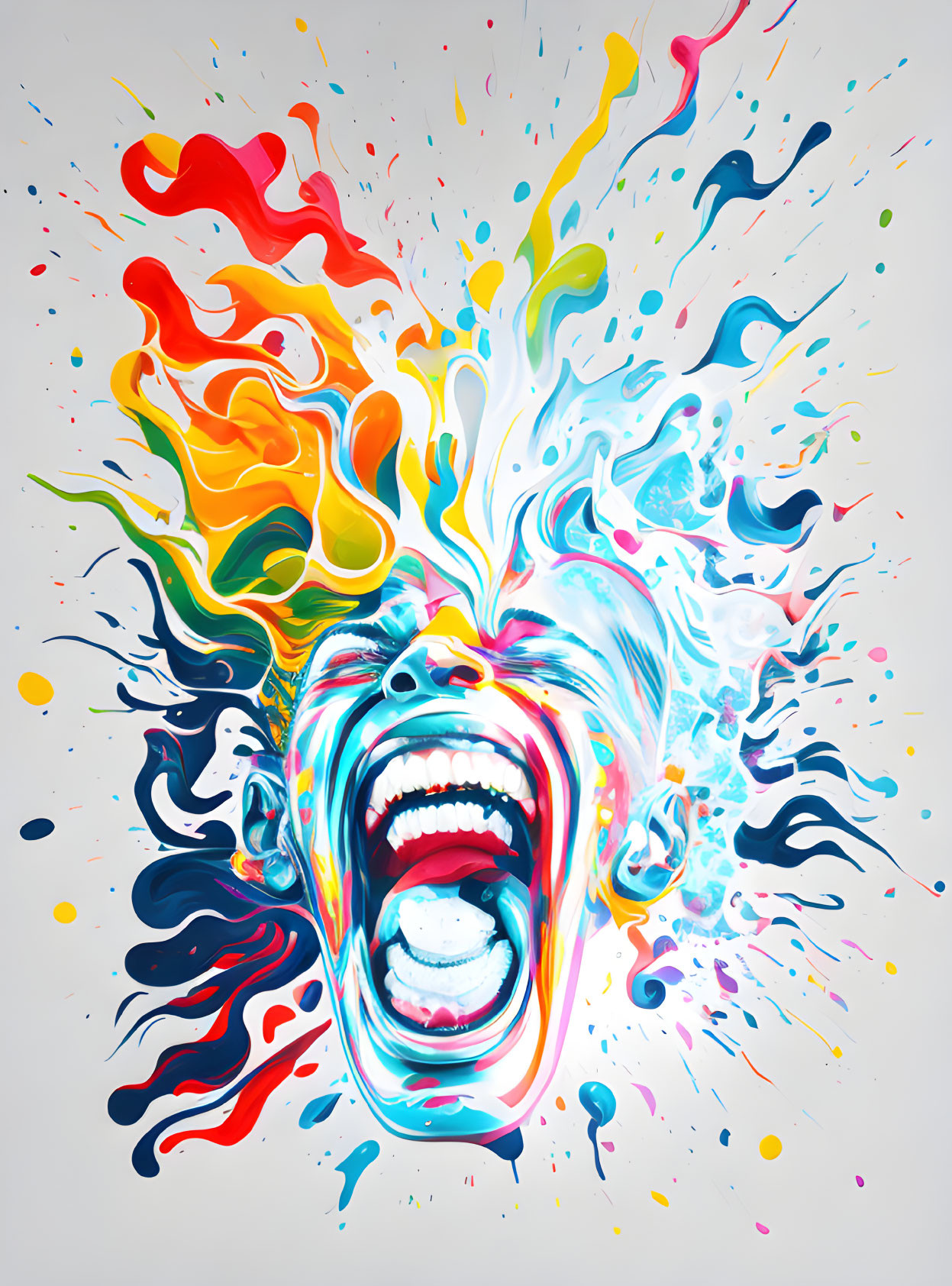 Colorful Face Illustration Surrounded by Paint Splatters