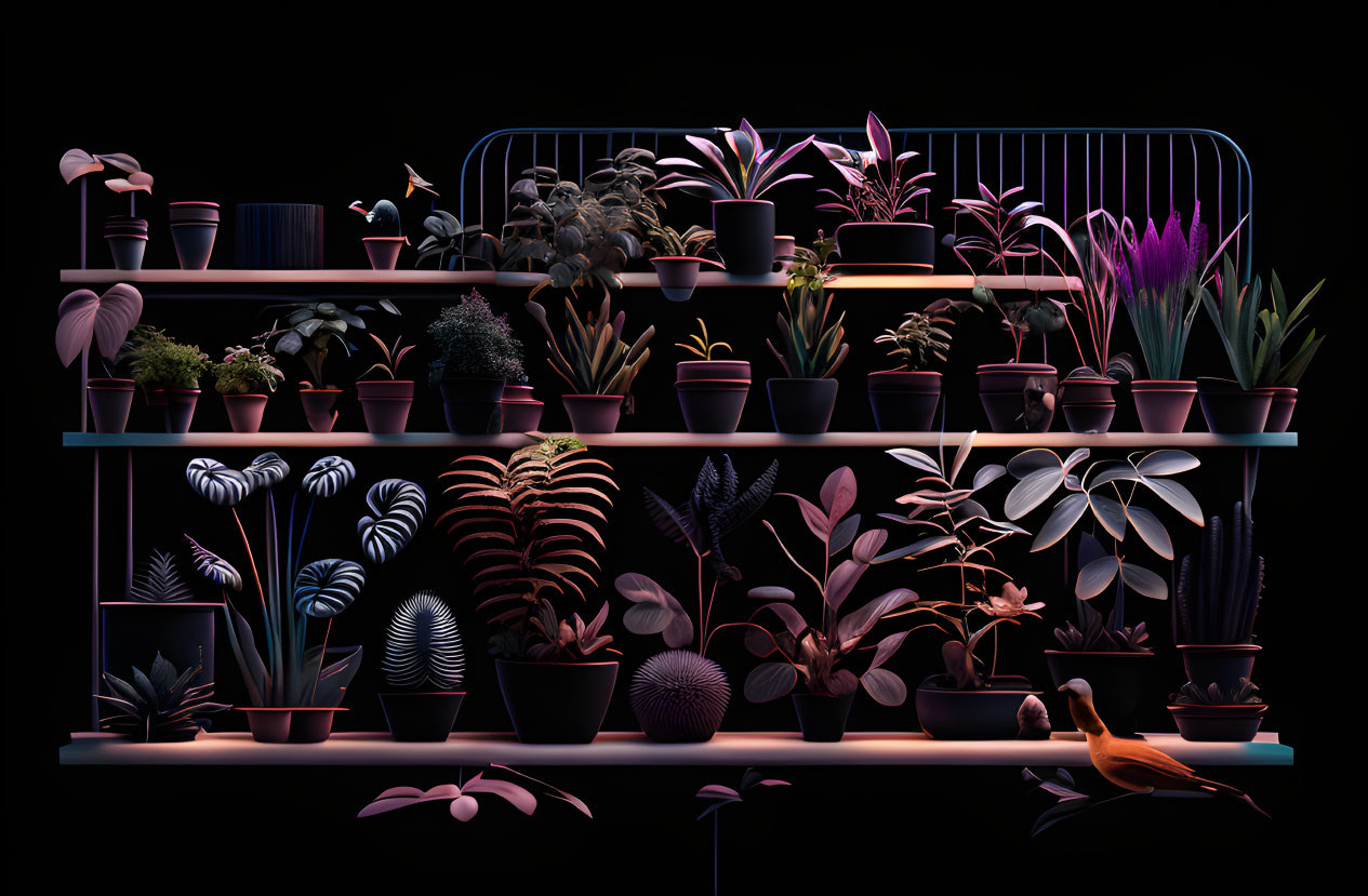 Colorful Houseplant Filled Shelving Unit with Bird in Ambient Light