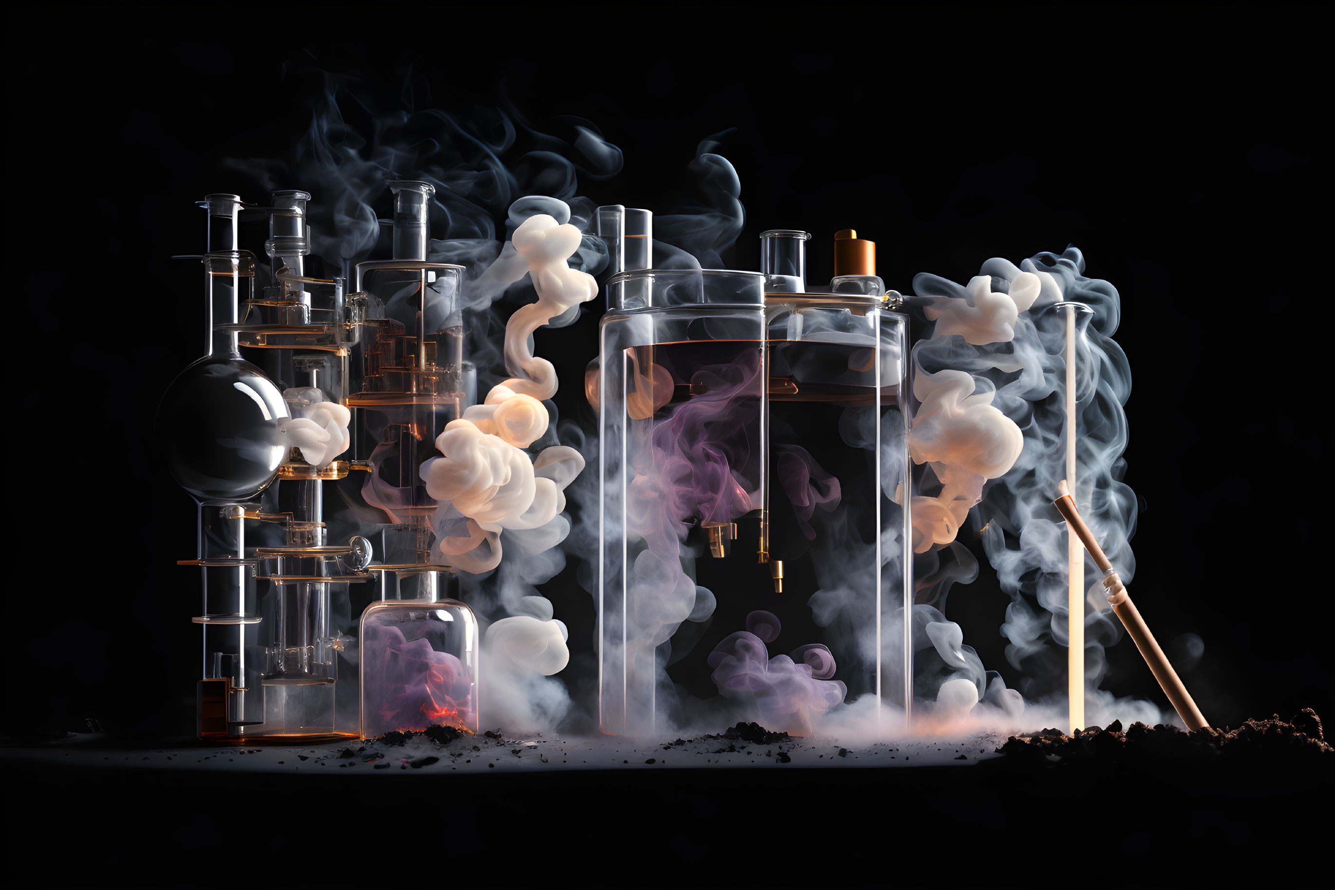 Laboratory glassware with rising smoke for mystical ambiance