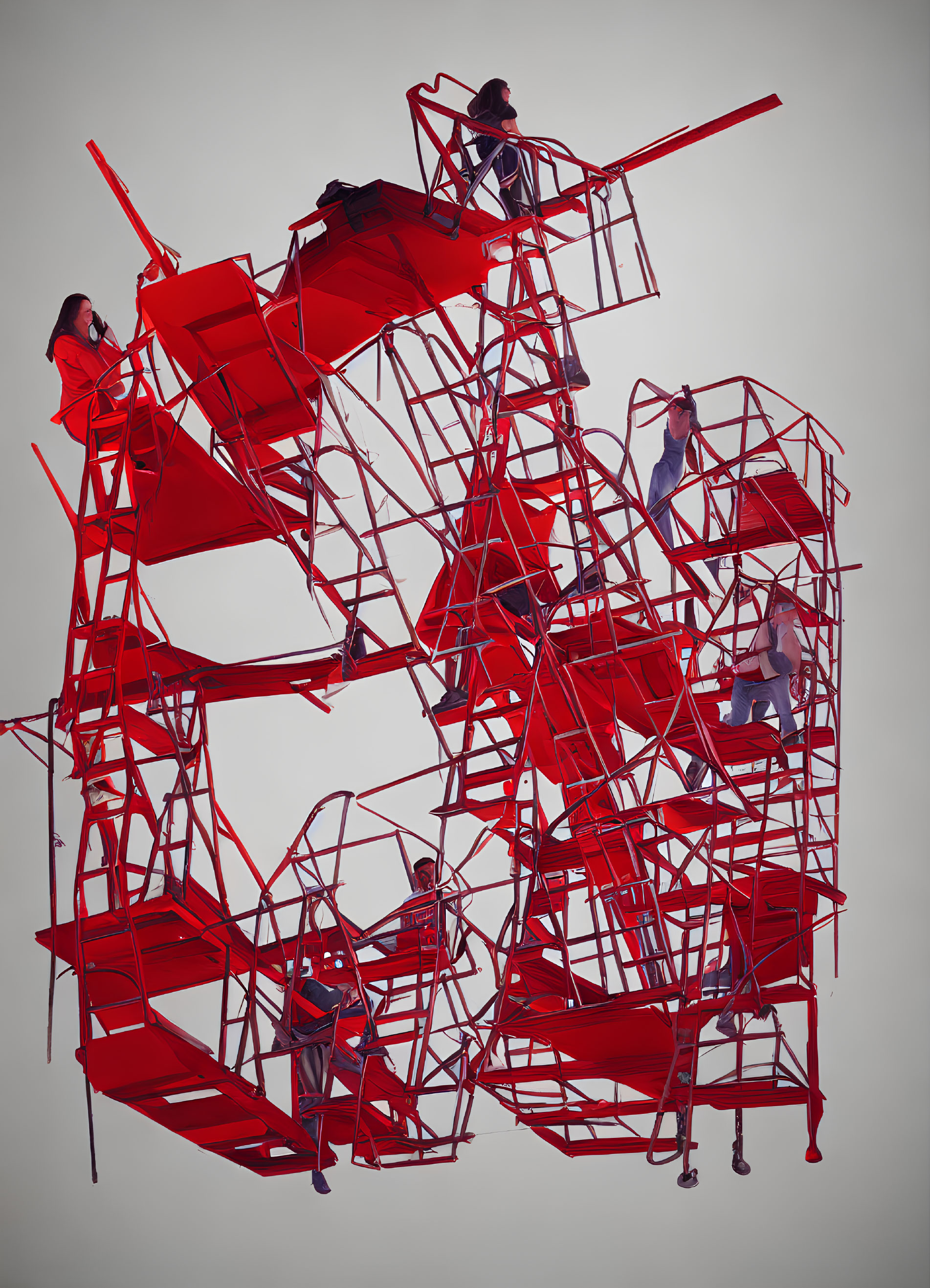 Chaotic Red Chairs Stacked with People on Grey Background