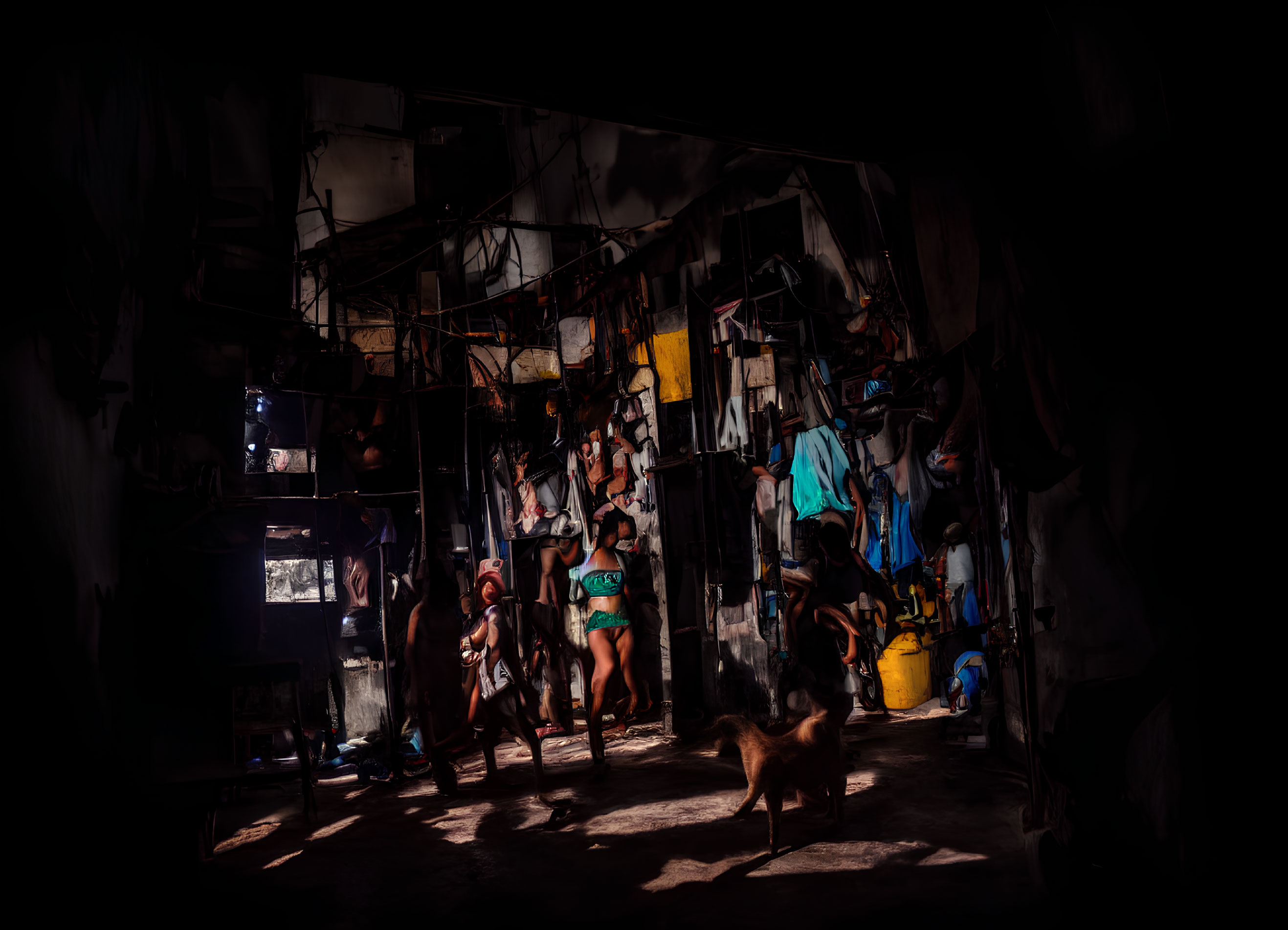 Scene of dimly-lit room with child, person, and dog.