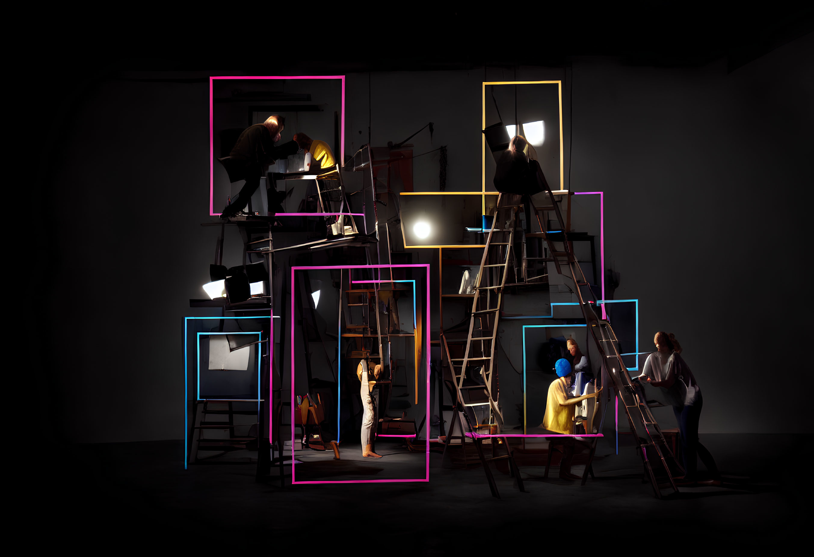 Group of People Climbing Ladders and Posing in Dynamic Scene