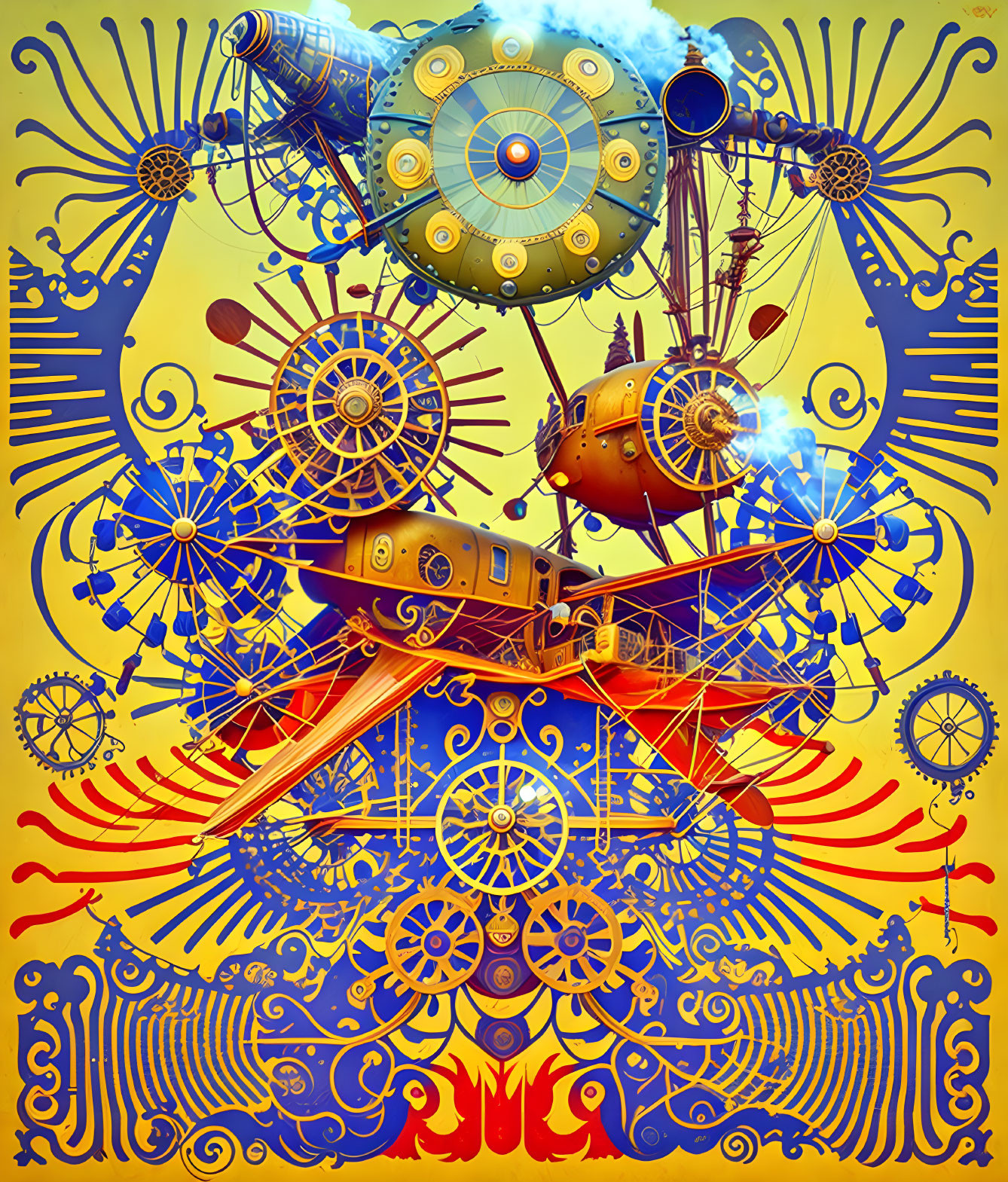 Detailed Steampunk Airship Illustration on Yellow and Blue Background