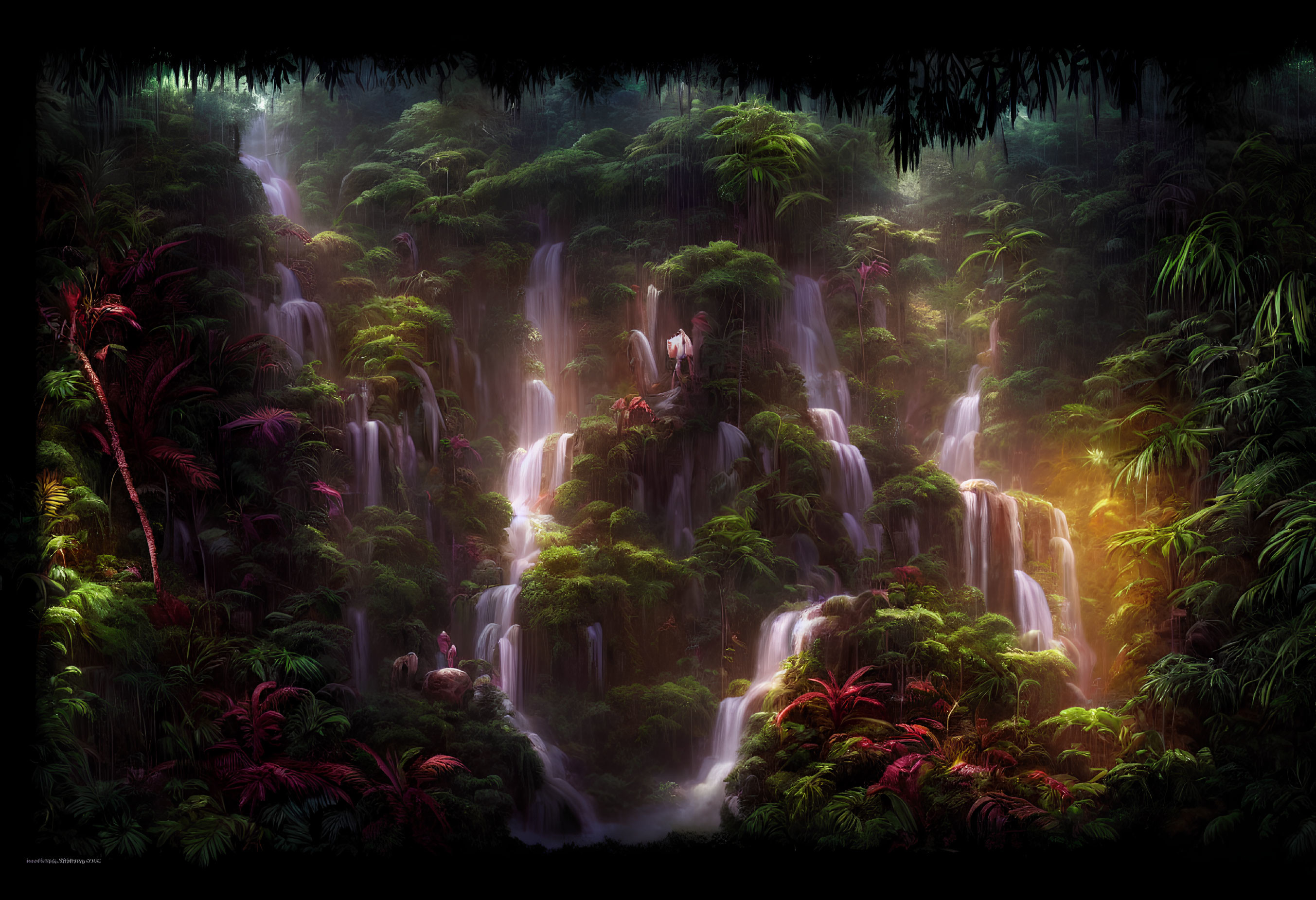 Lush jungle waterfall in mystical setting