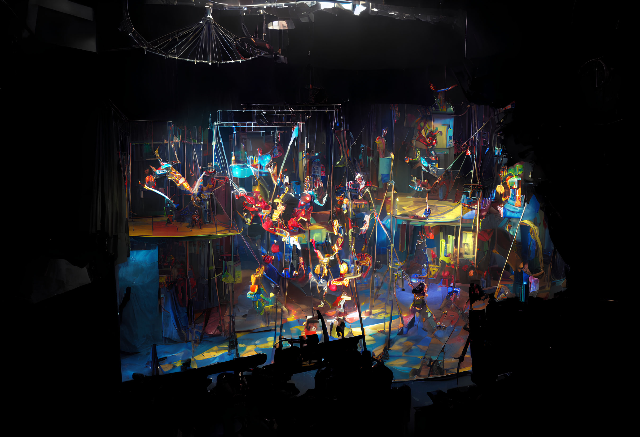 Dynamic circus scene with trapeze and tightrope performers under dramatic lighting