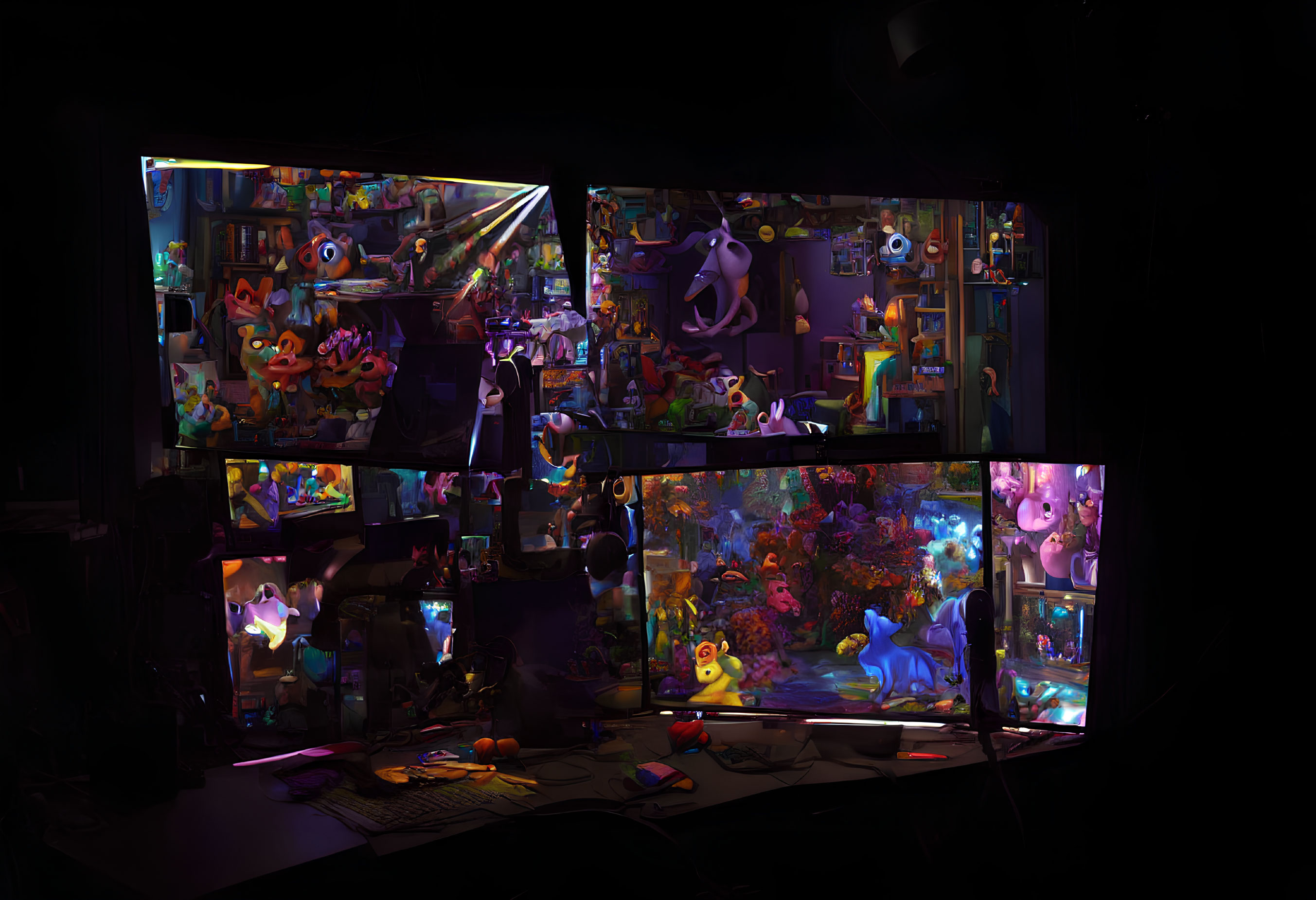 Colorful Animated Characters Illuminate Dark Room with Toys