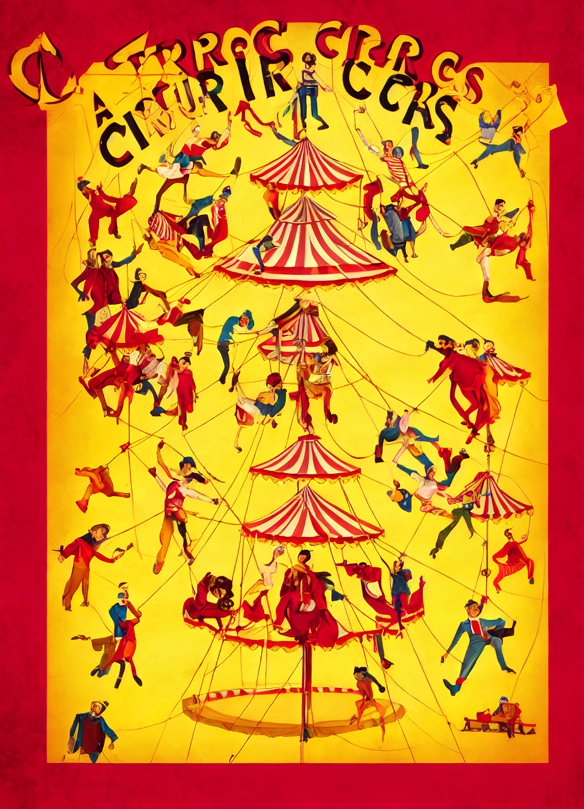 Colorful Circus Poster Featuring Acrobats, Clowns, and Animals