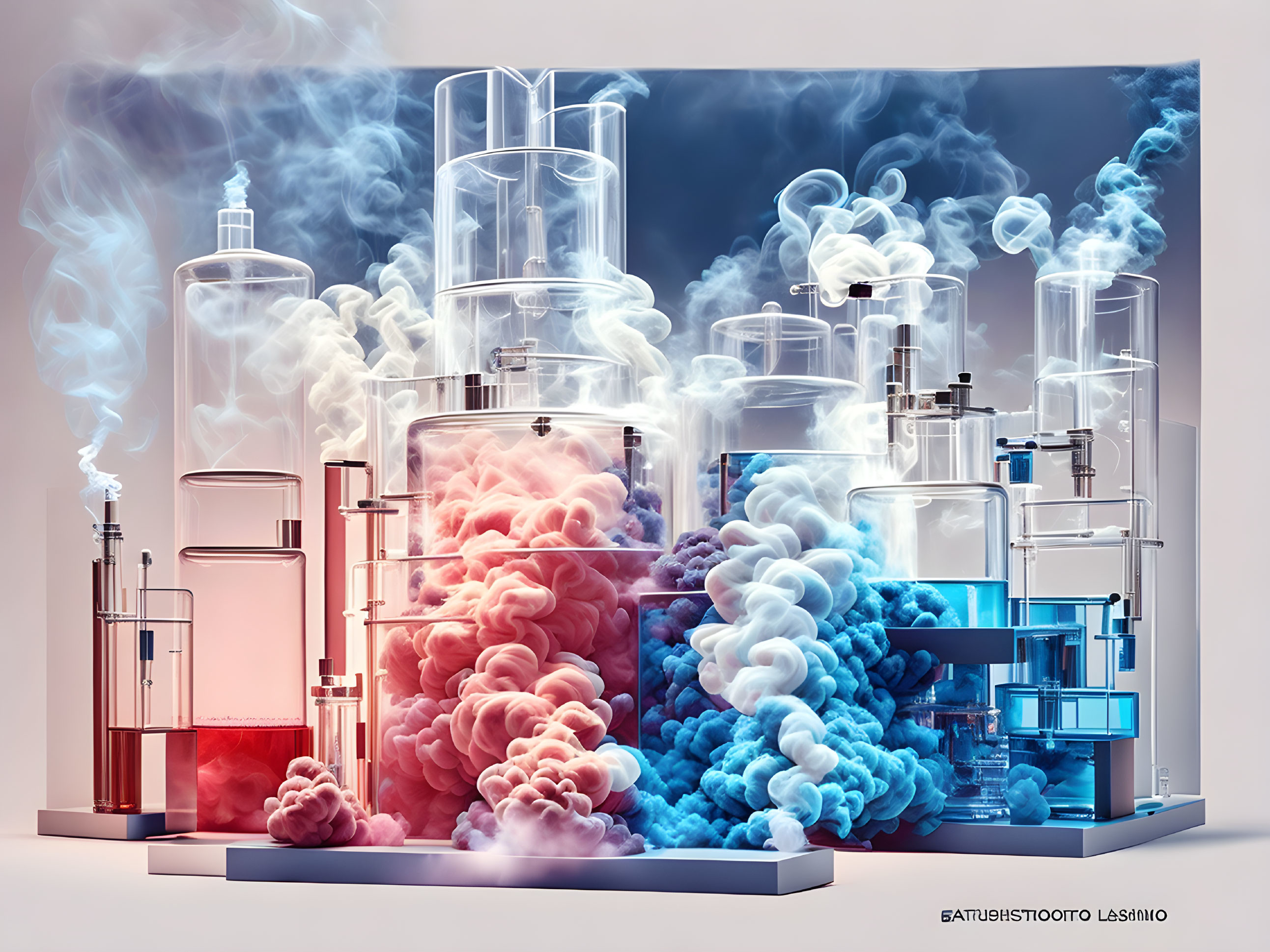 Vibrant illustration of glassware with billowing blue, pink, and white smoke