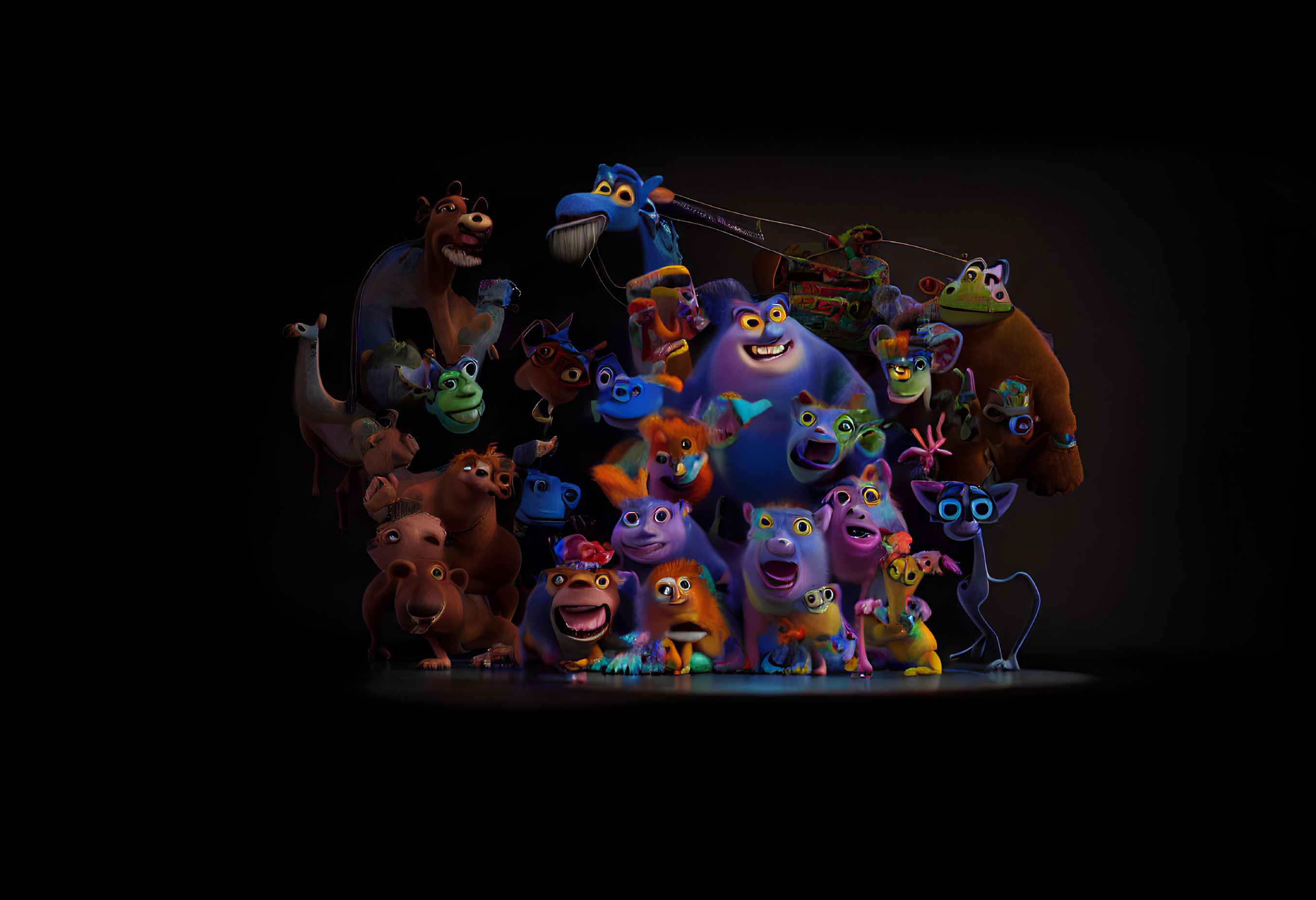 Vibrant animated monster characters in a dark setting