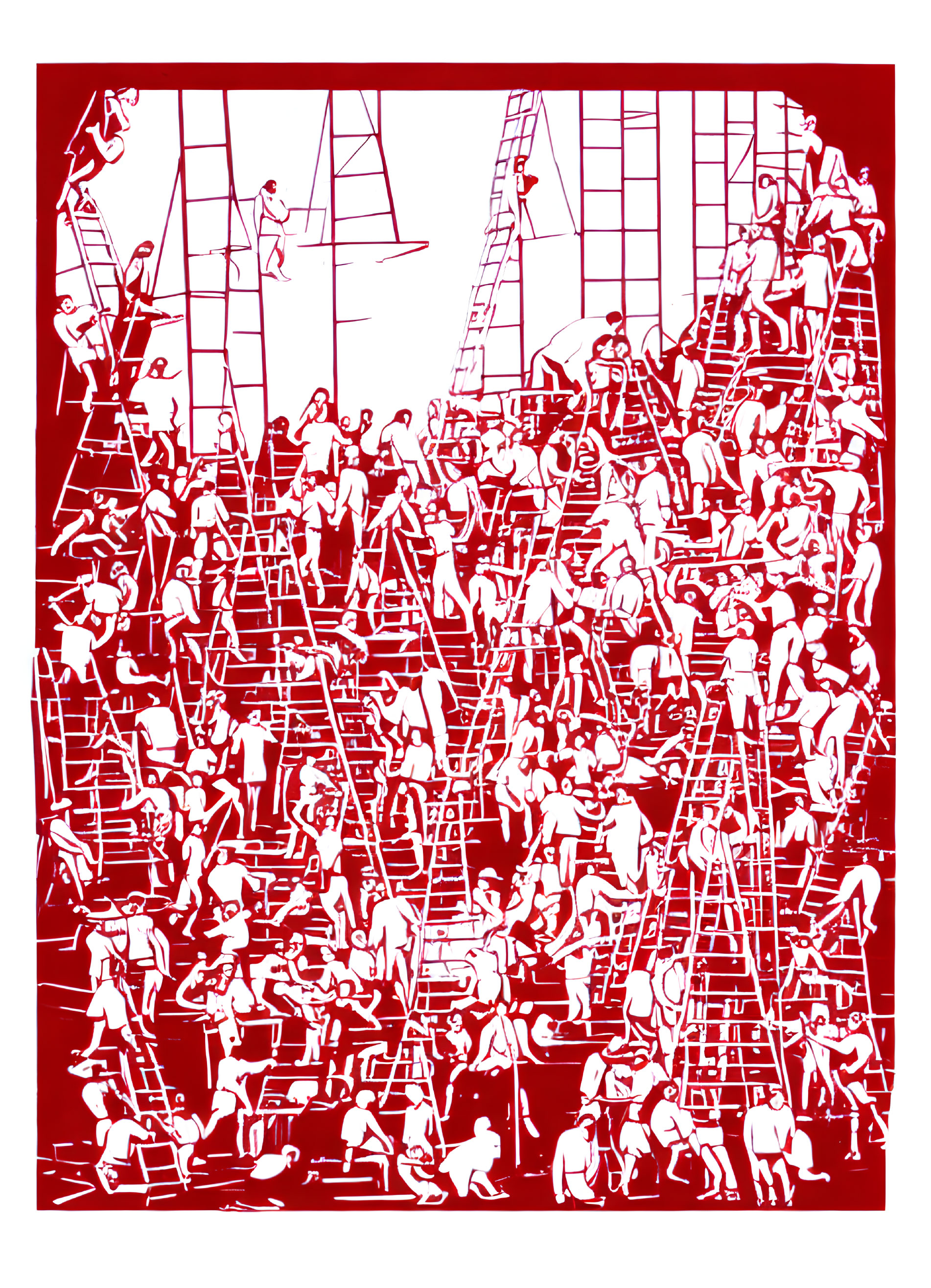 Red Monochromatic Illustration of People Climbing Ladders in Chaos and Progress