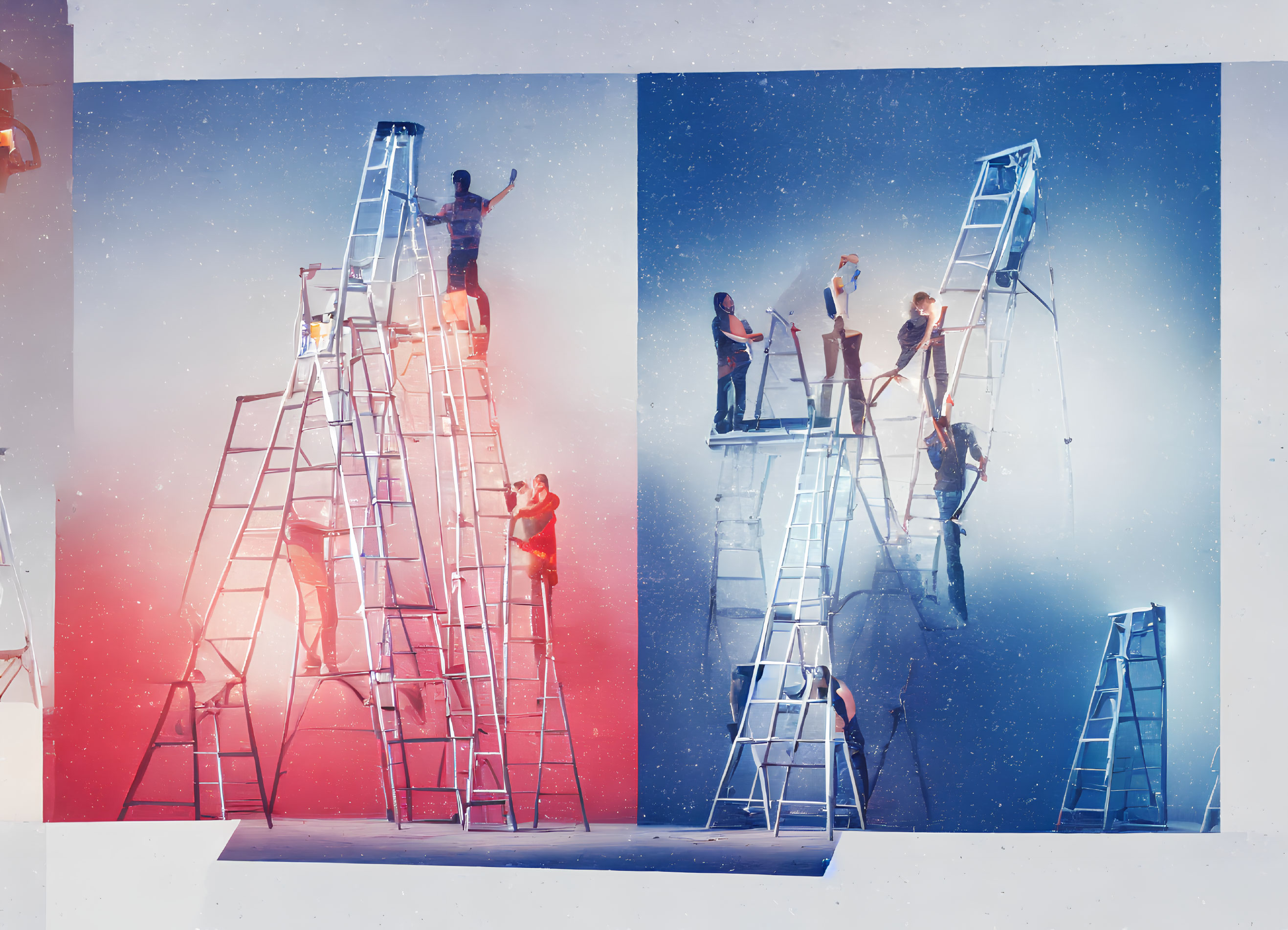 Split image of individuals painting on ladders: warm tones on left side, single person; cool tones