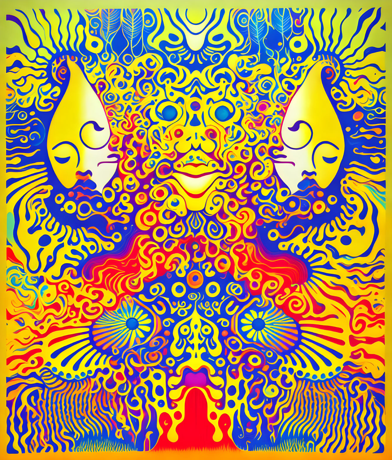 Colorful Symmetrical Psychedelic Artwork with Face-like Center